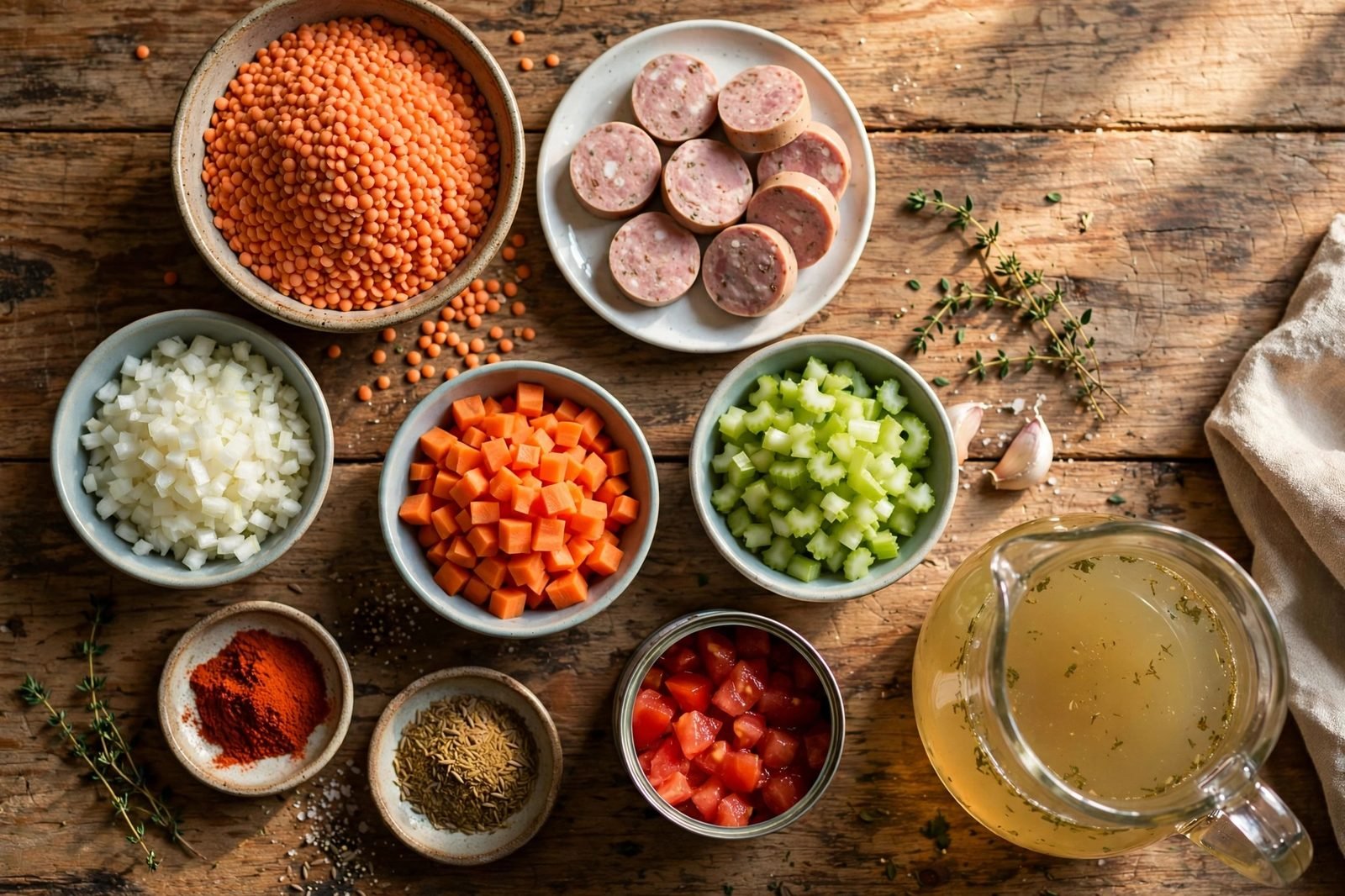Ingredients for lentil sausage stew: red lentils in a bowl, sliced sausage, diced onion, carrot, celery, spices, and broth.