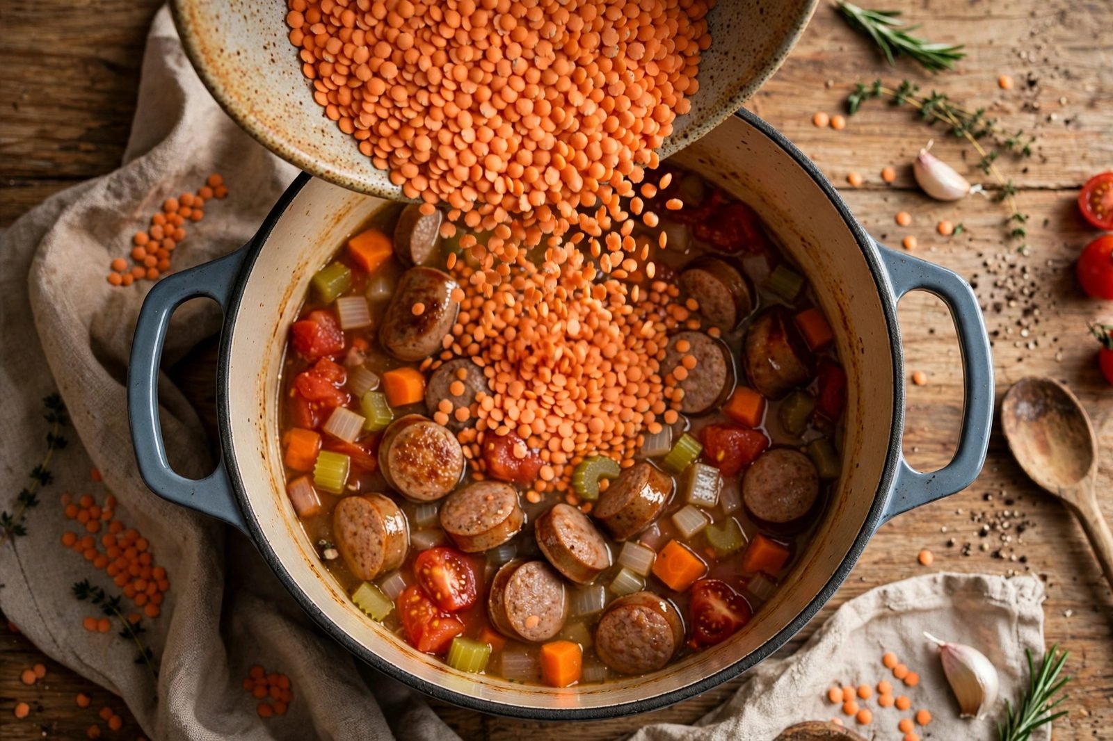 Red lentils poured into a pot with tomatoes and broth.