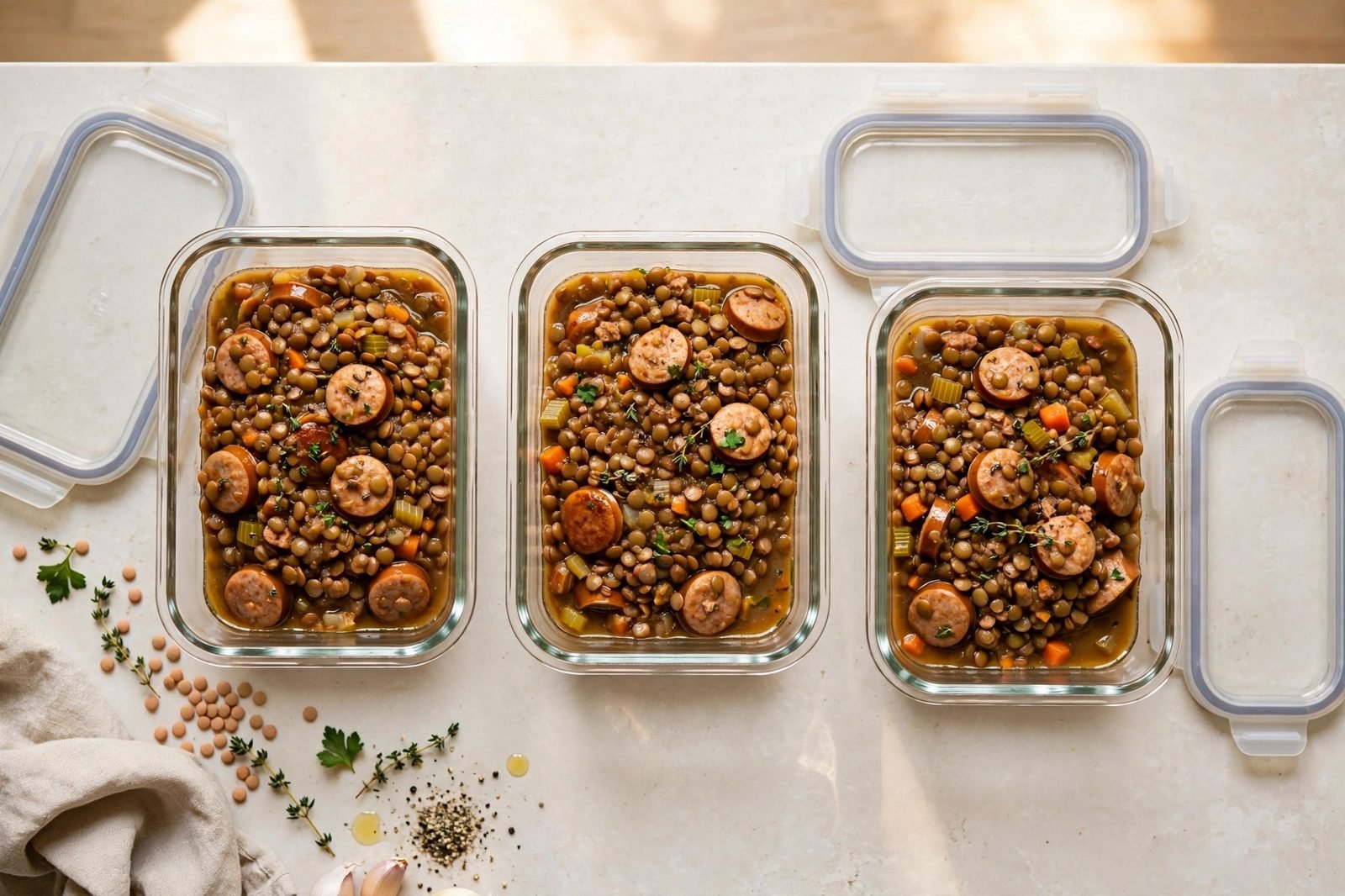 Portioned stew in meal-prep containers.
