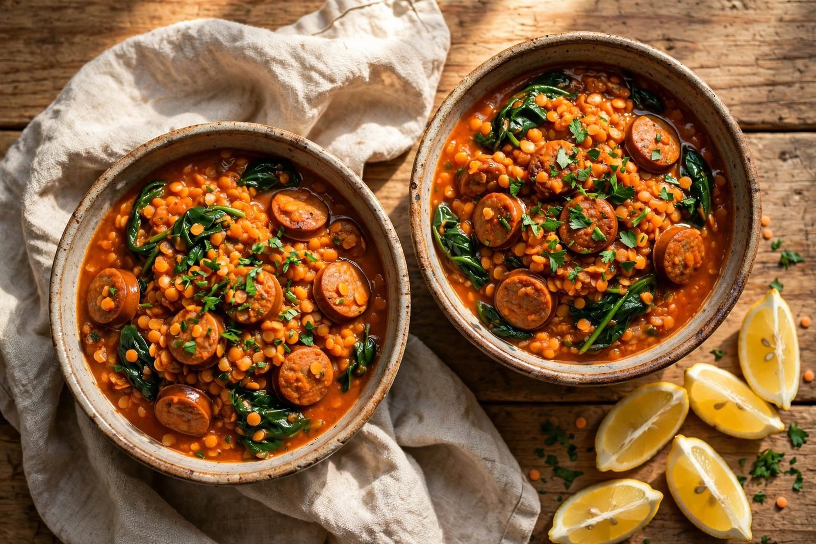 Two bowls of lentil sausage stew with lemon wedges and parsley.