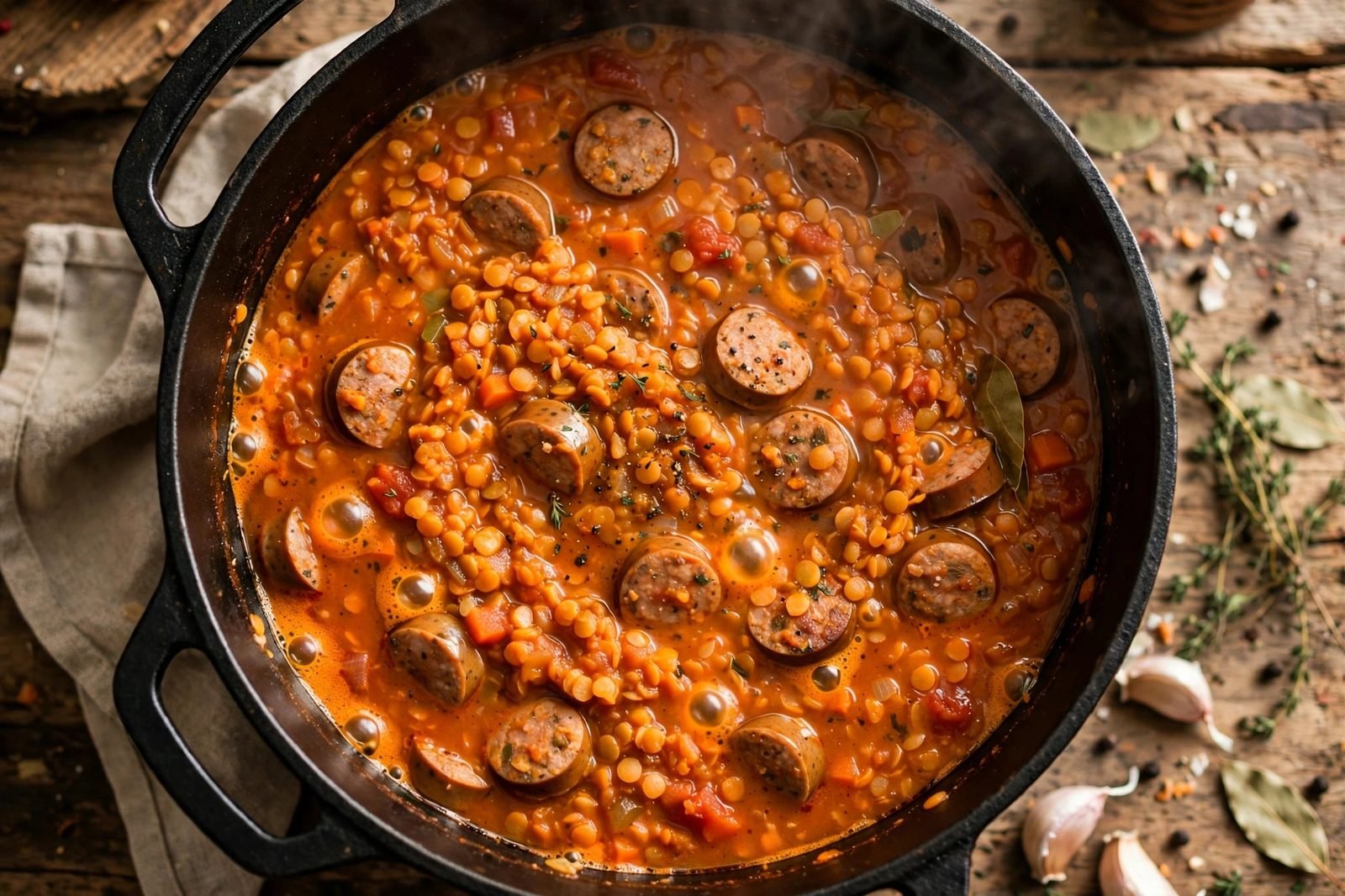 Stew bubbling gently as lentils break down and thicken.