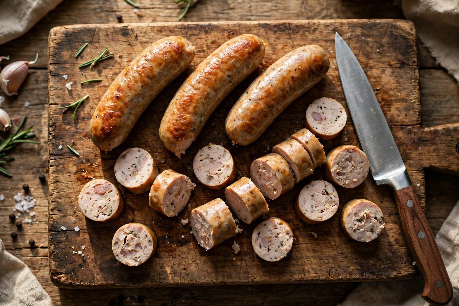 Sliced chicken sausage rounds on a cutting board.