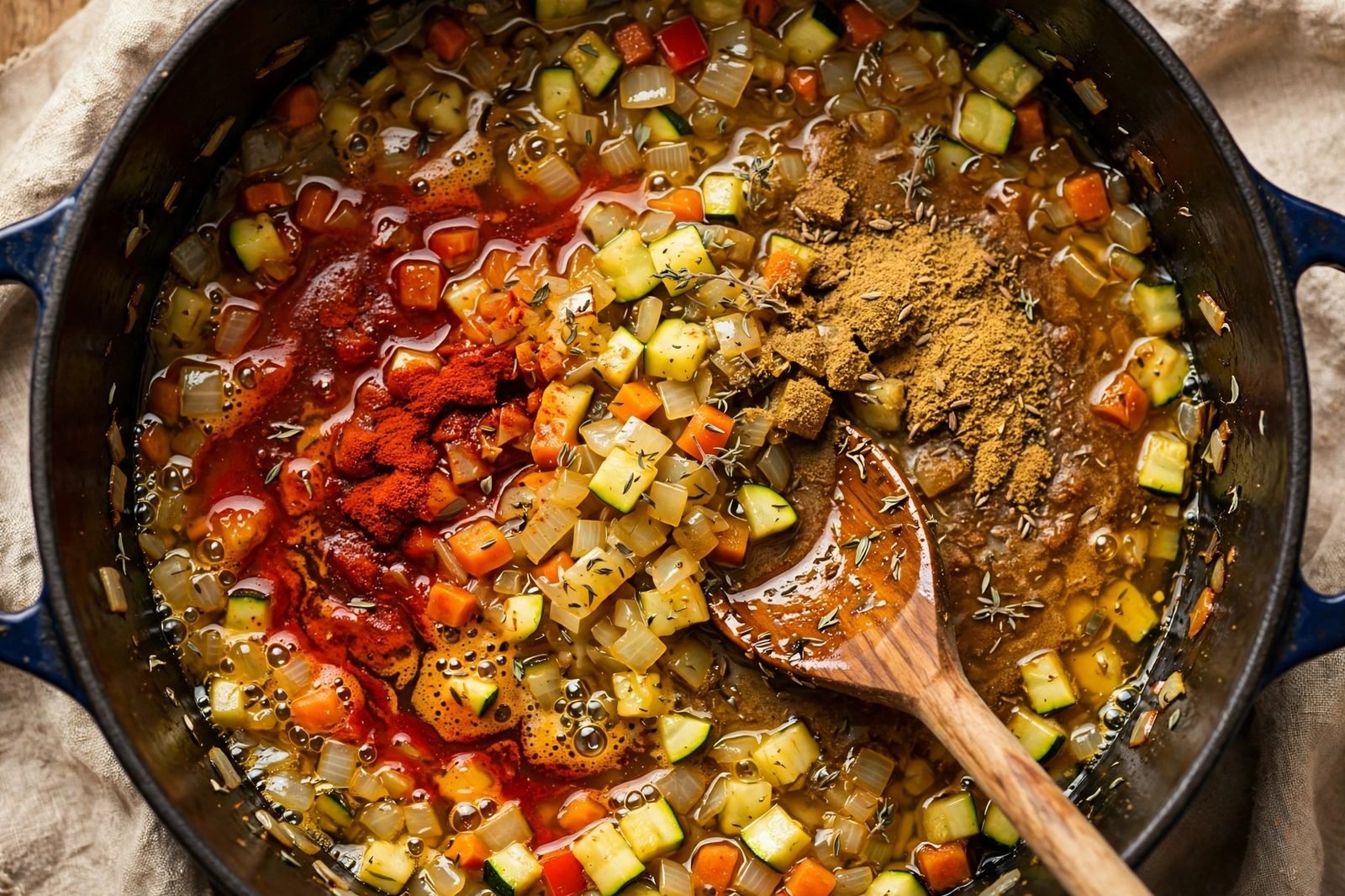 Smoked paprika and cumin stirred into softened vegetables.
