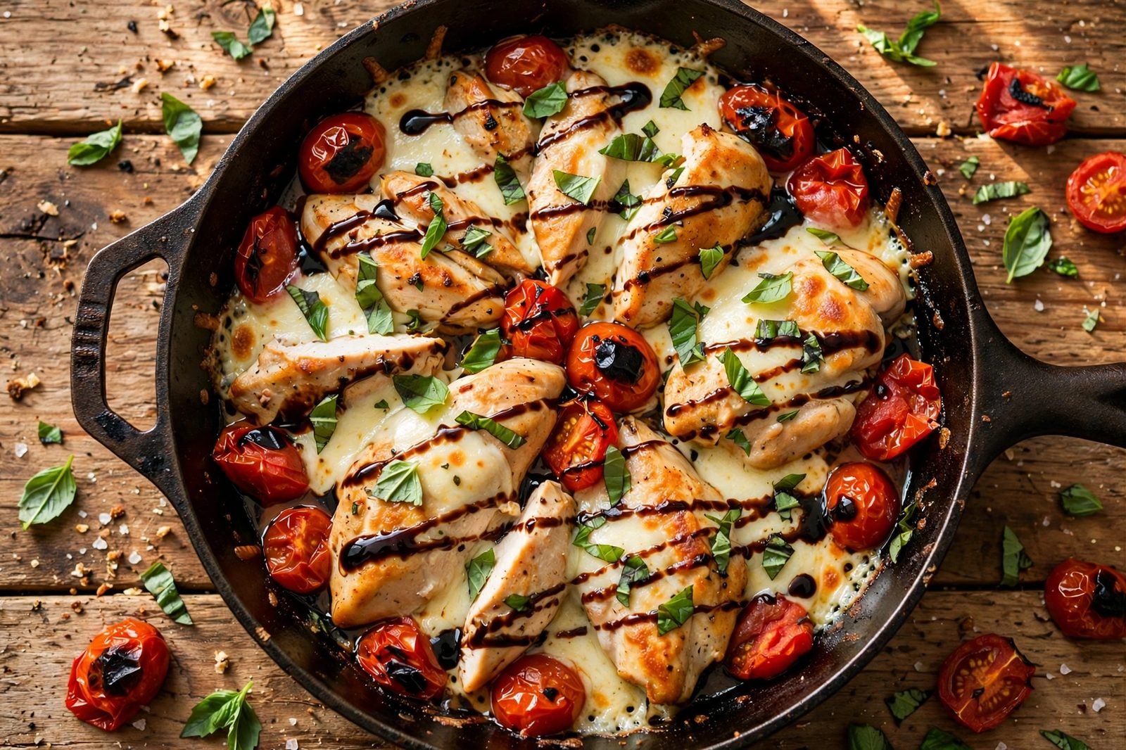 Torn basil scattered and balsamic glaze drizzled over the finished skillet.