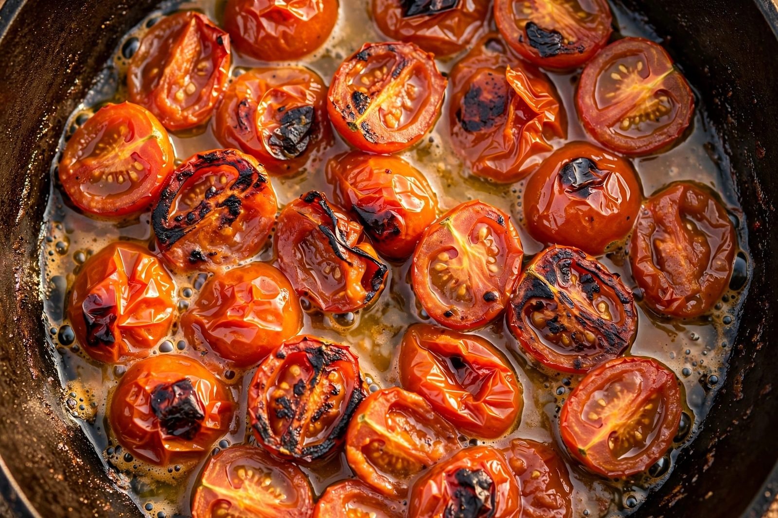Cherry tomatoes softening and blistering in a skillet.