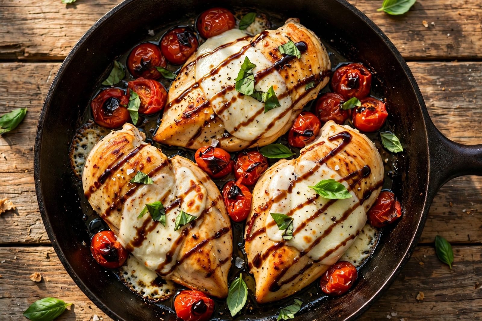 Finished caprese chicken skillet: seared chicken breasts topped with melted mozzarella, blistered cherry tomatoes, basil, and balsamic drizzle.