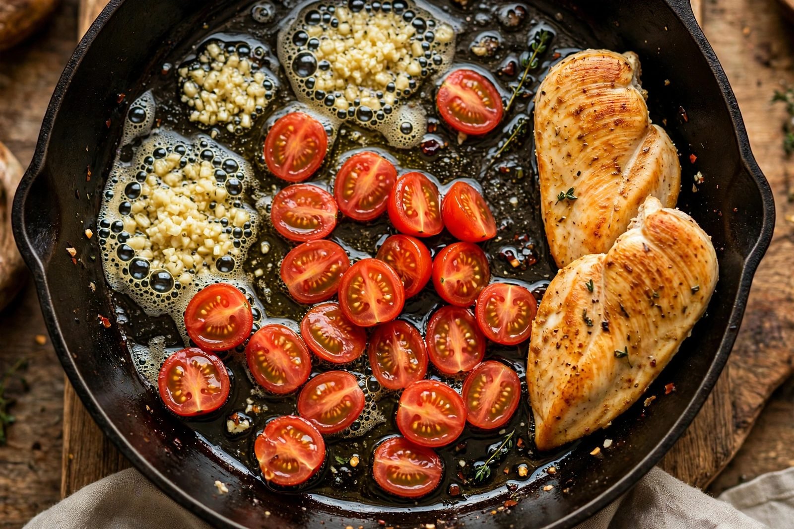 Minced garlic and halved cherry tomatoes added to a skillet.