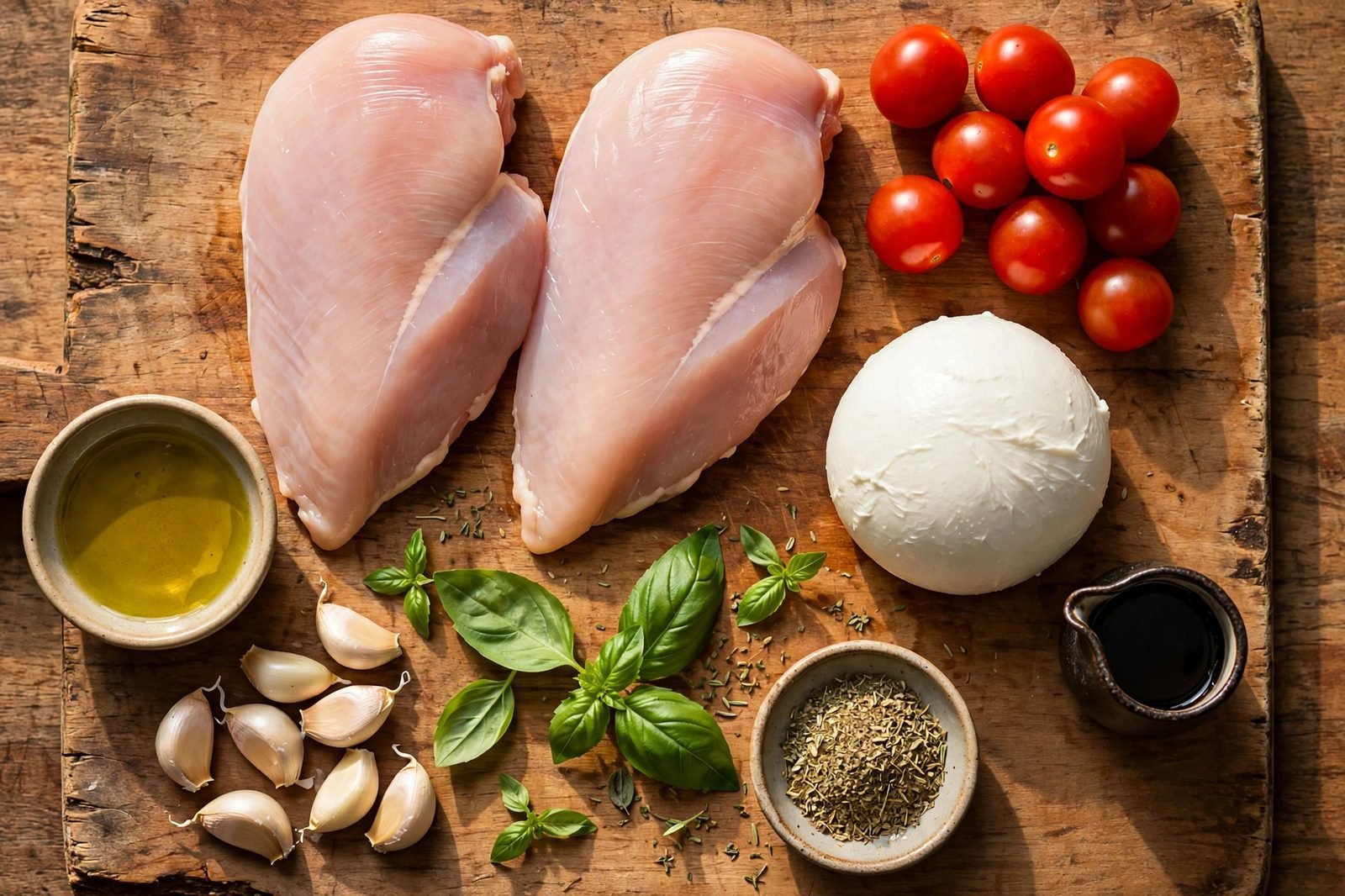 Ingredients for caprese chicken arranged on a board: chicken breasts, cherry tomatoes, fresh mozzarella ball, basil, garlic, olive oil, and balsamic glaze.