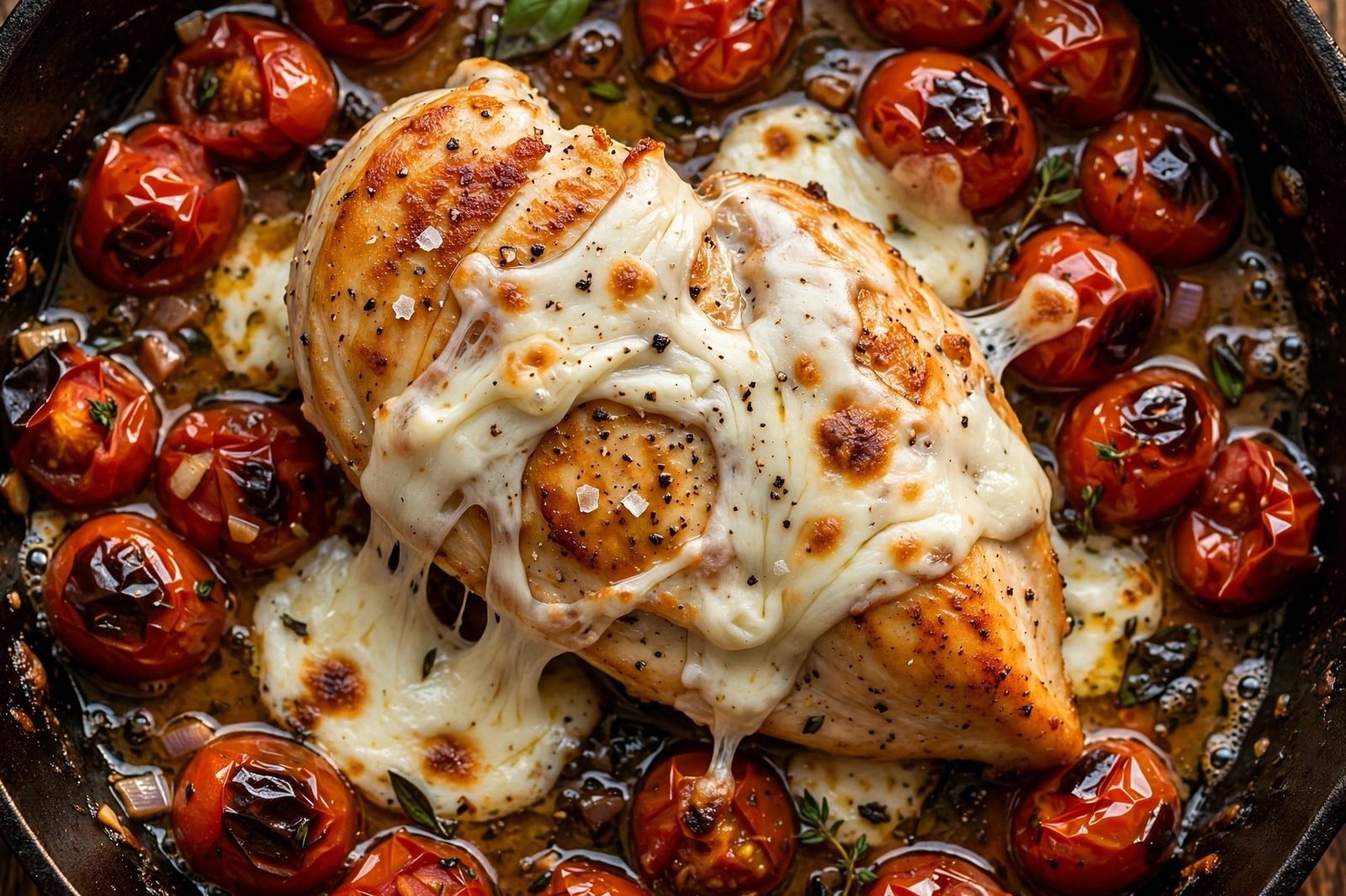 Close-up of melted mozzarella draped over chicken with blistered tomatoes.