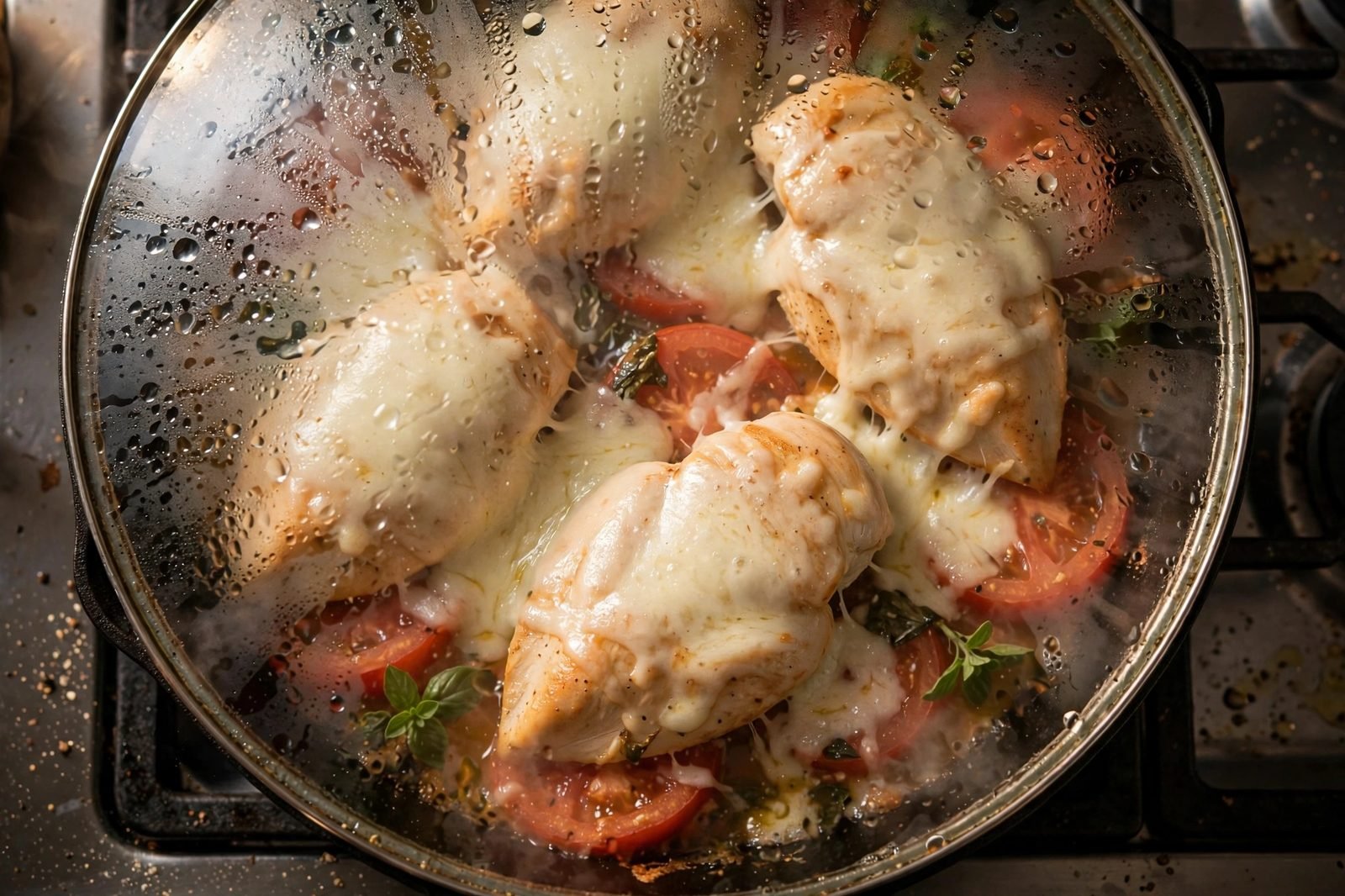 Skillet with lid on, steam escaping, cheese melting.