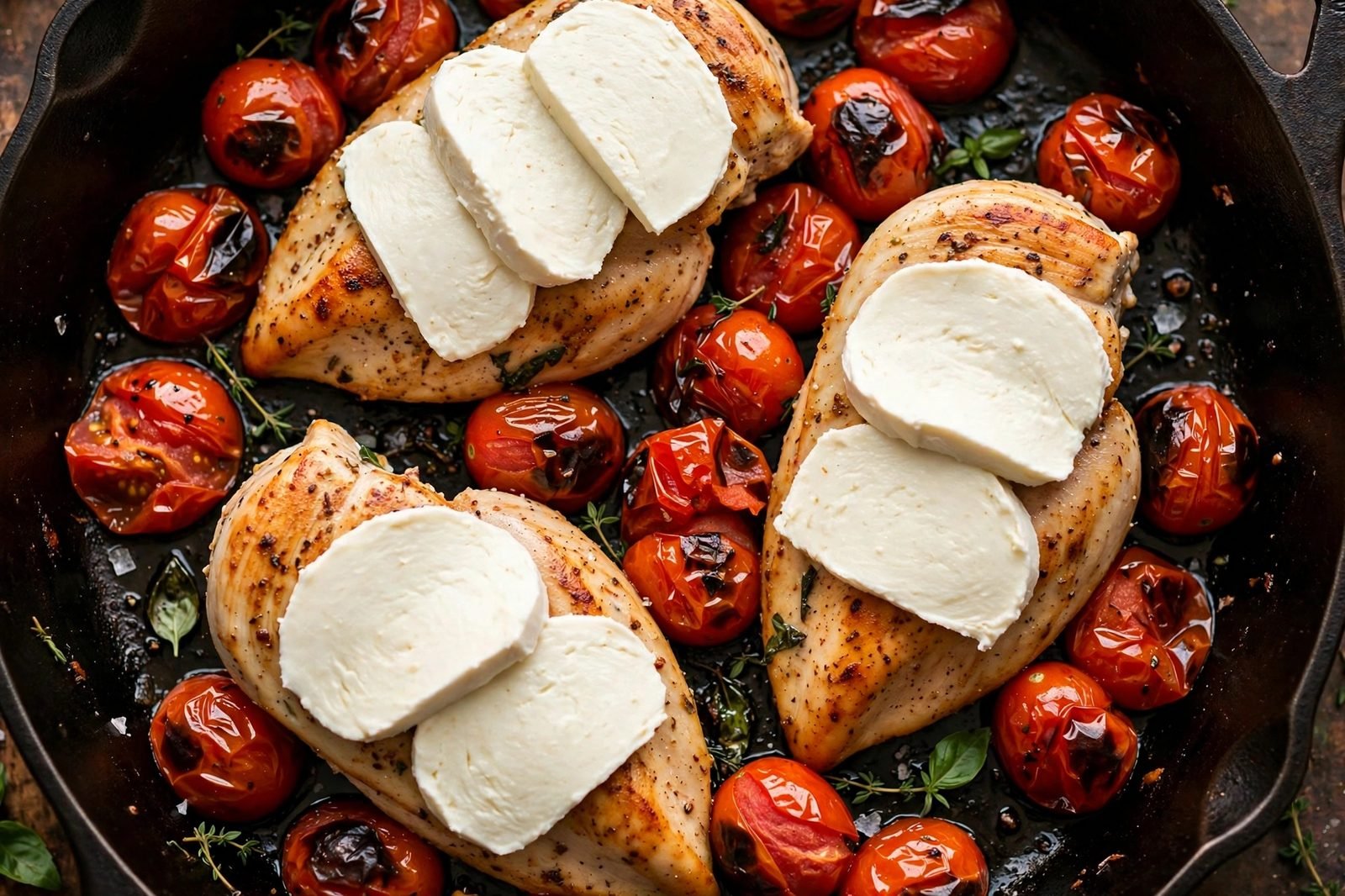 Mozzarella slices laid over chicken among blistered tomatoes, before covering.