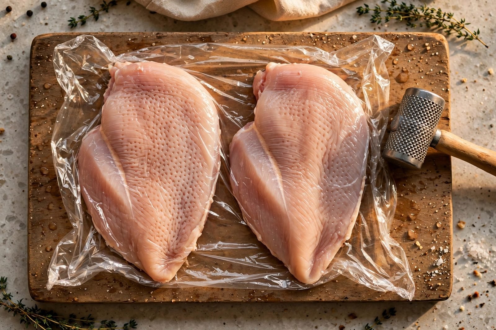 Chicken breasts being pounded to even thickness between plastic wrap with a meat mallet.