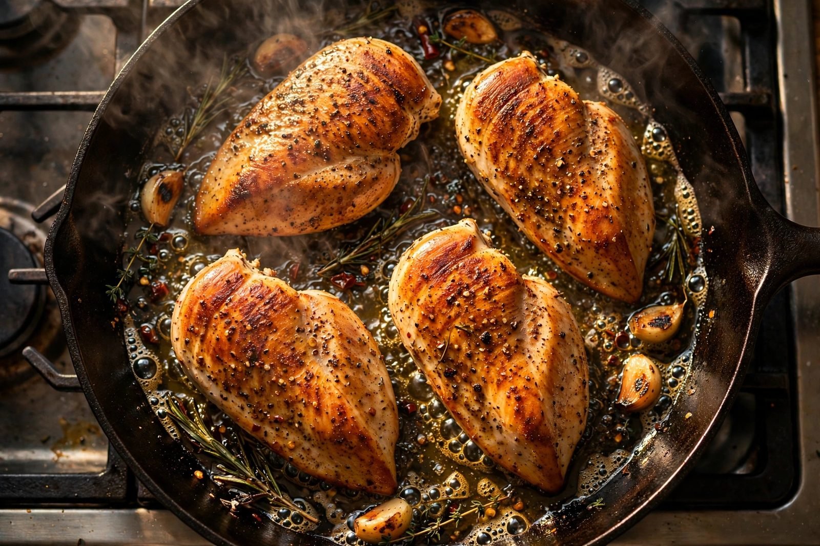 Chicken breasts searing golden in a hot skillet with olive oil.
