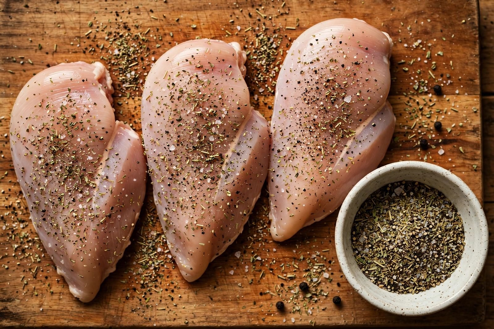 Seasoned raw chicken breasts with Italian seasoning, salt, and pepper on a cutting board.