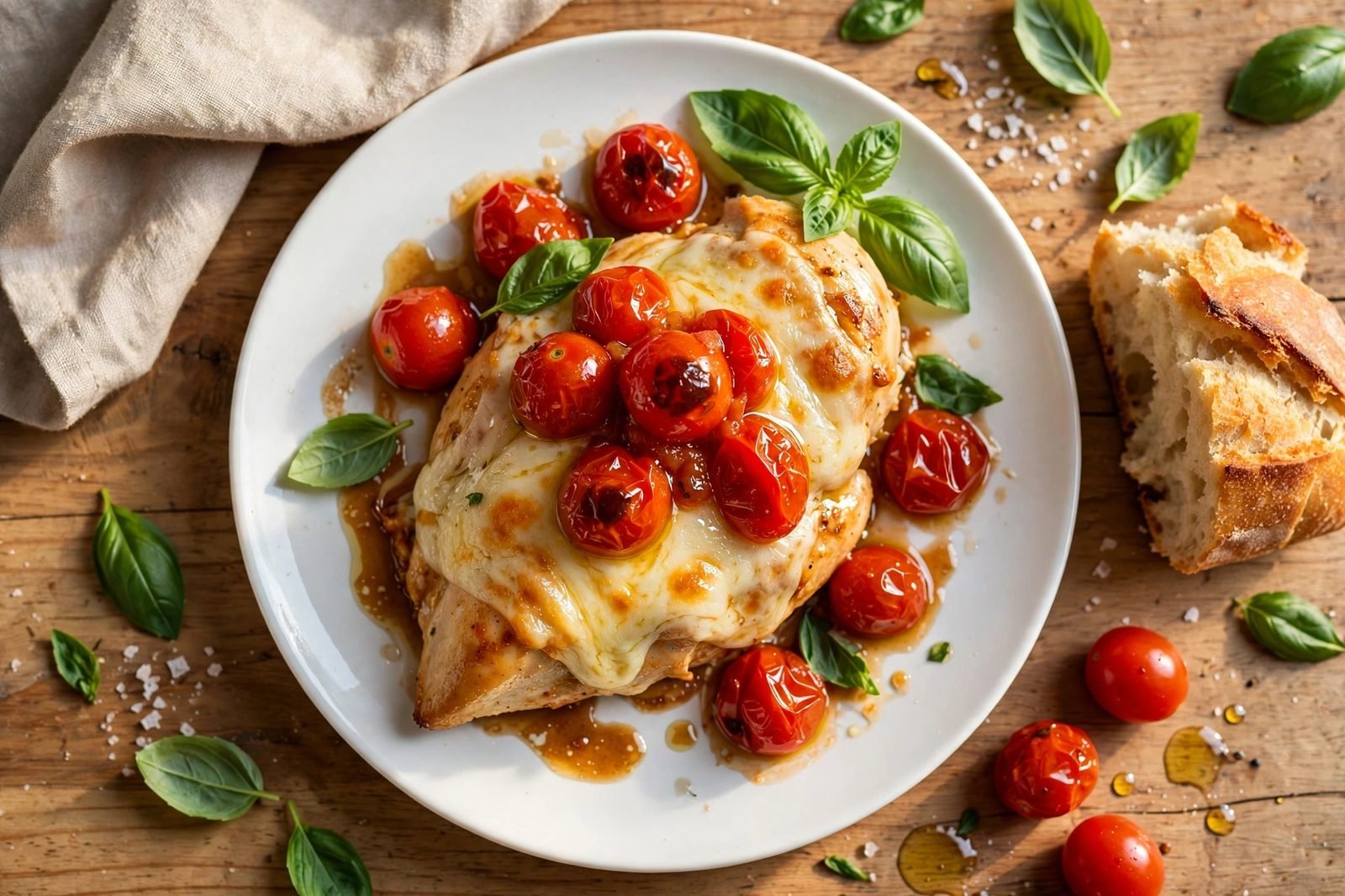 Plated serving of caprese chicken with tomatoes and pan juices, basil garnish.