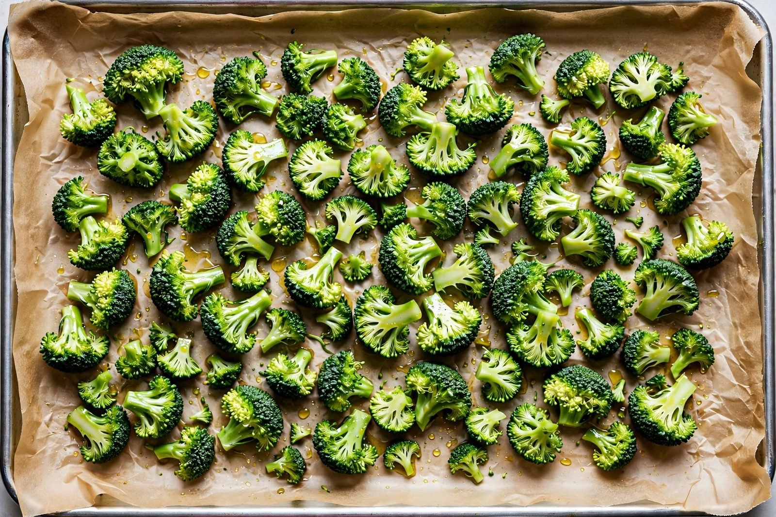 Raw broccoli florets tossed with oil spread in a single layer on a sheet pan.
