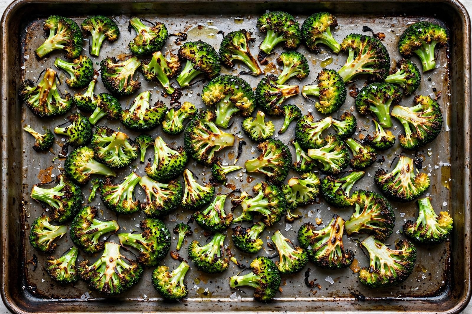 Broccoli florets on a sheet pan with charred browned edges after roasting.