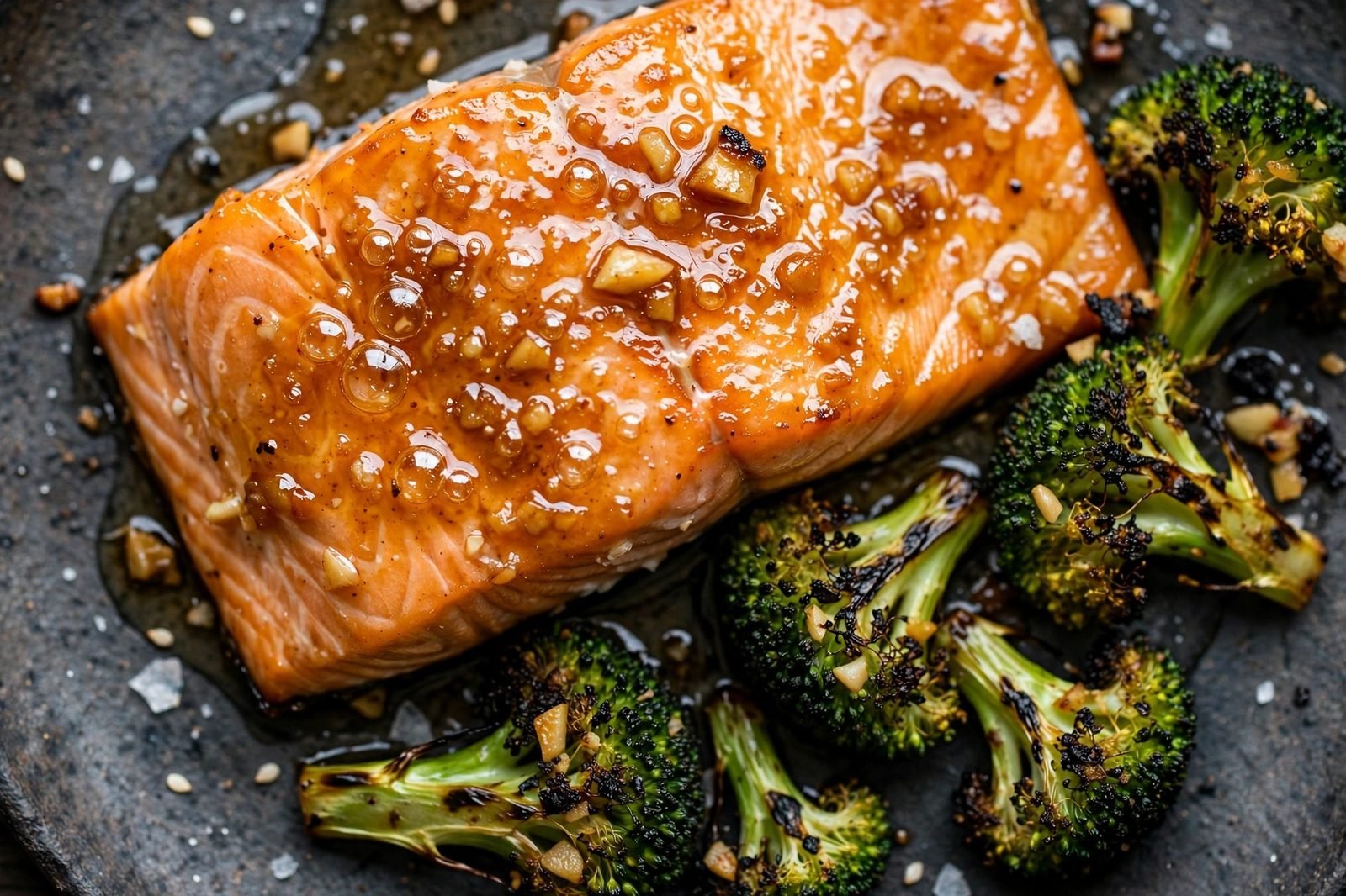 Close-up of salmon with caramelized bubbled honey garlic glaze and charred broccoli edges.