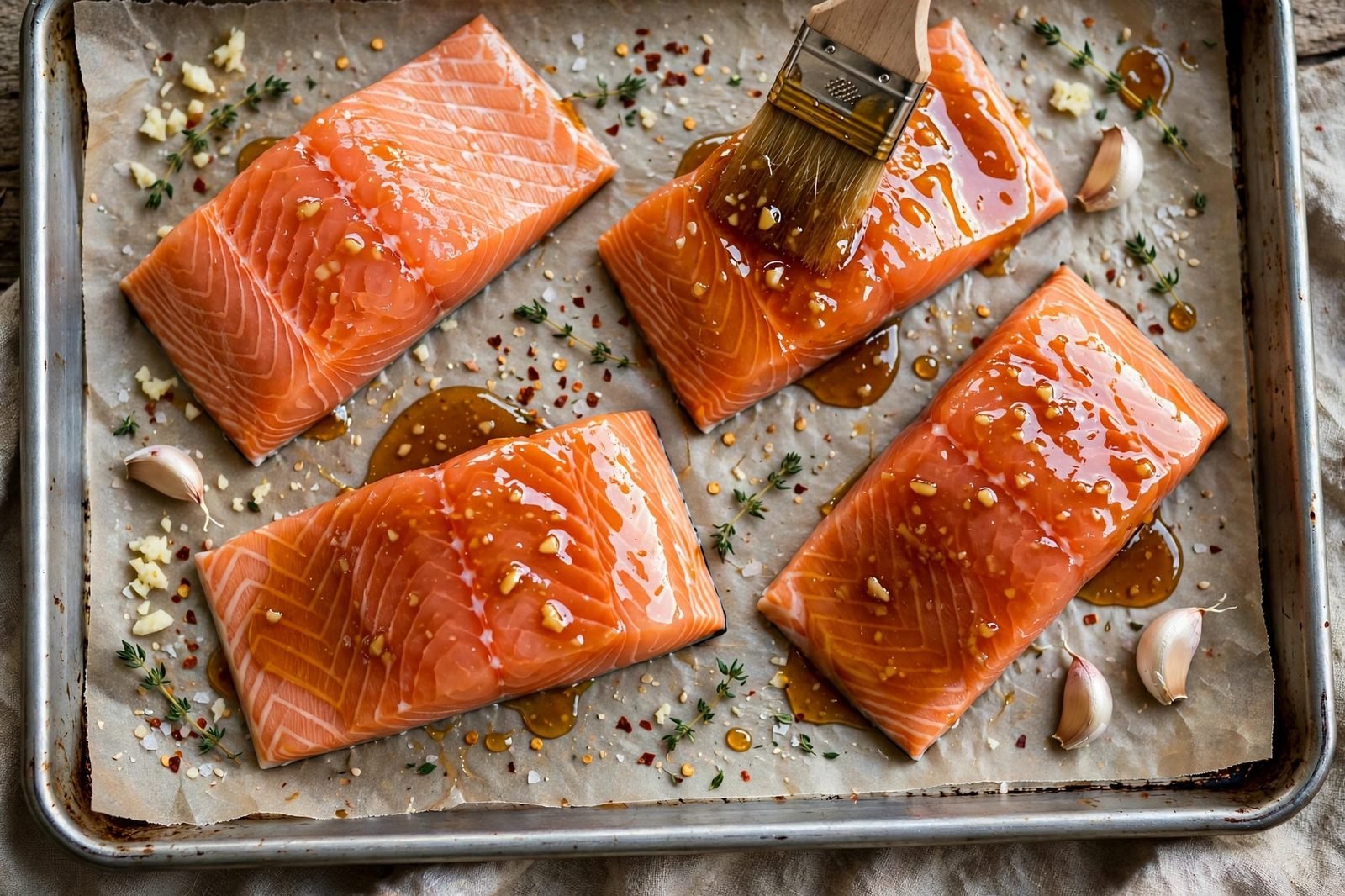 Pastry brush spreading honey garlic glaze over salmon fillets on a sheet pan.