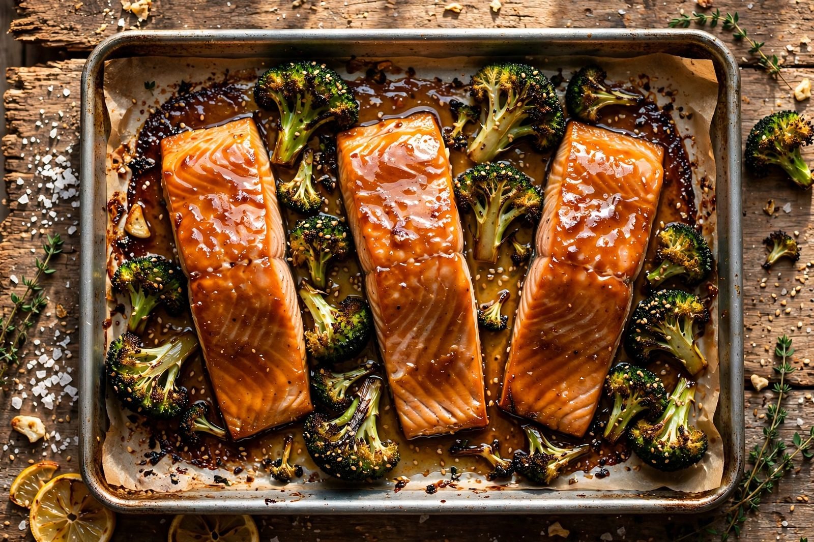 Overhead view of a sheet pan with honey-glazed salmon fillets and roasted broccoli florets sprinkled with sesame seeds.