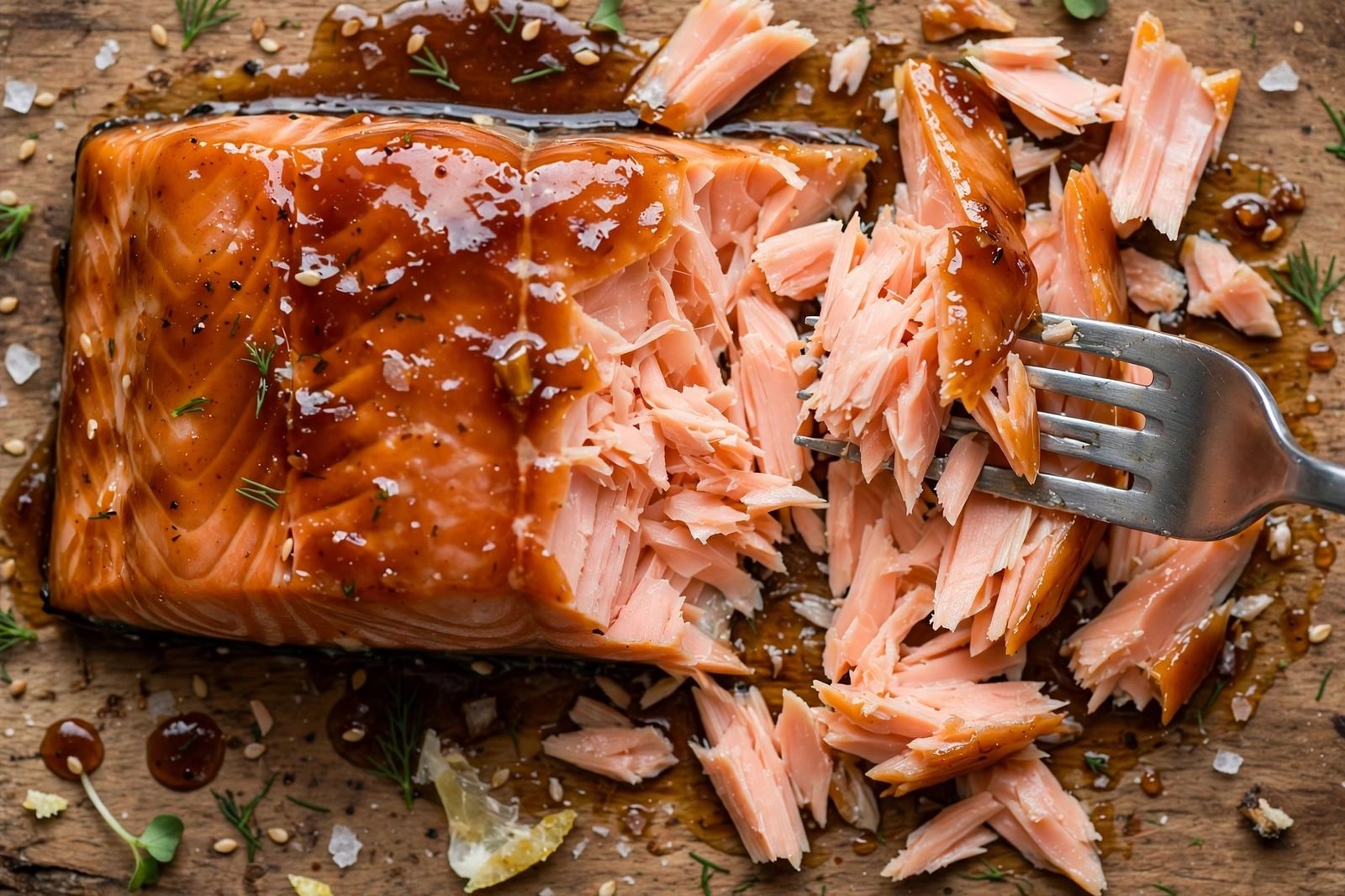Close-up of a salmon fillet flaking apart with a fork, showing moist opaque flesh.