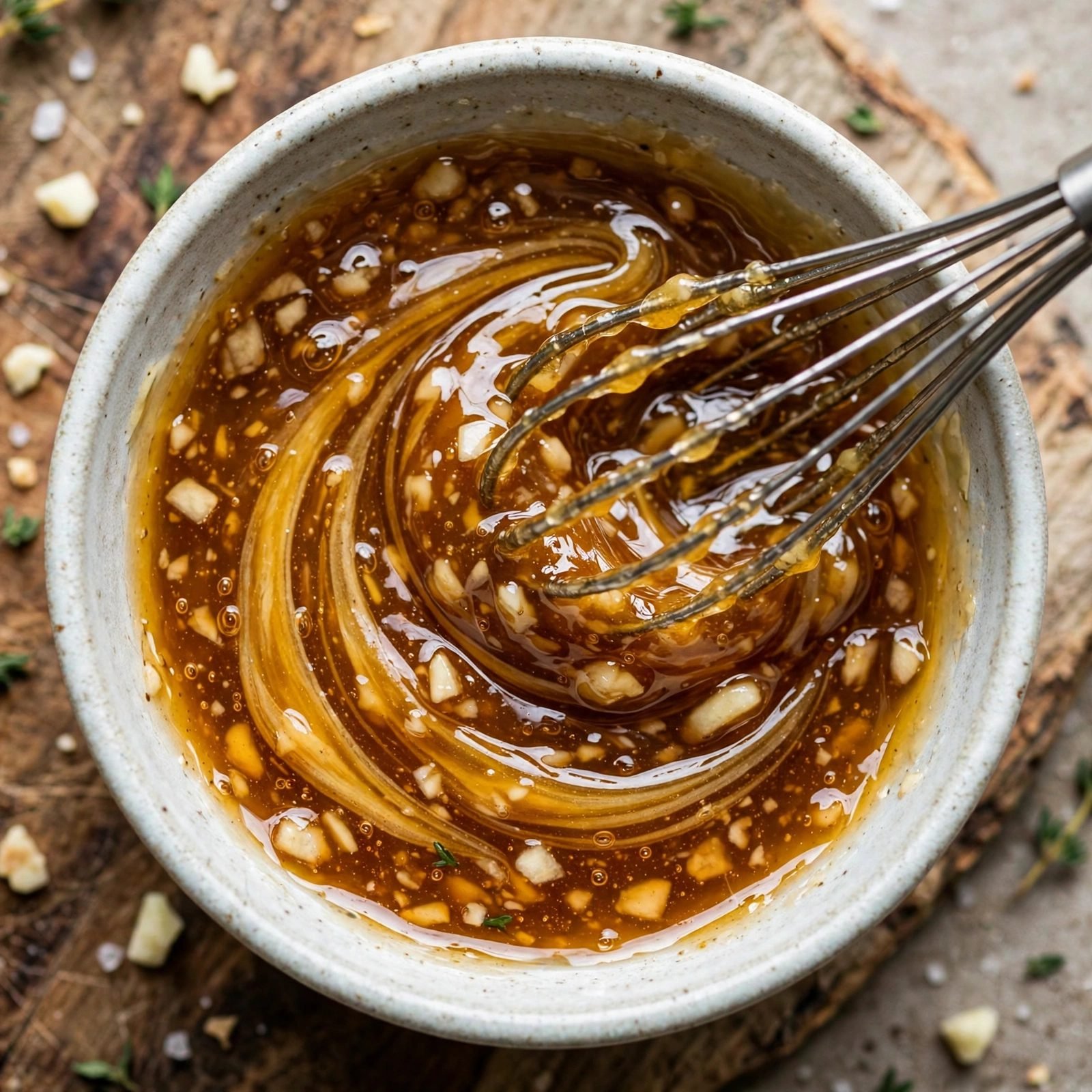 Small bowl of glossy honey garlic glaze being whisked, with garlic pieces visible.