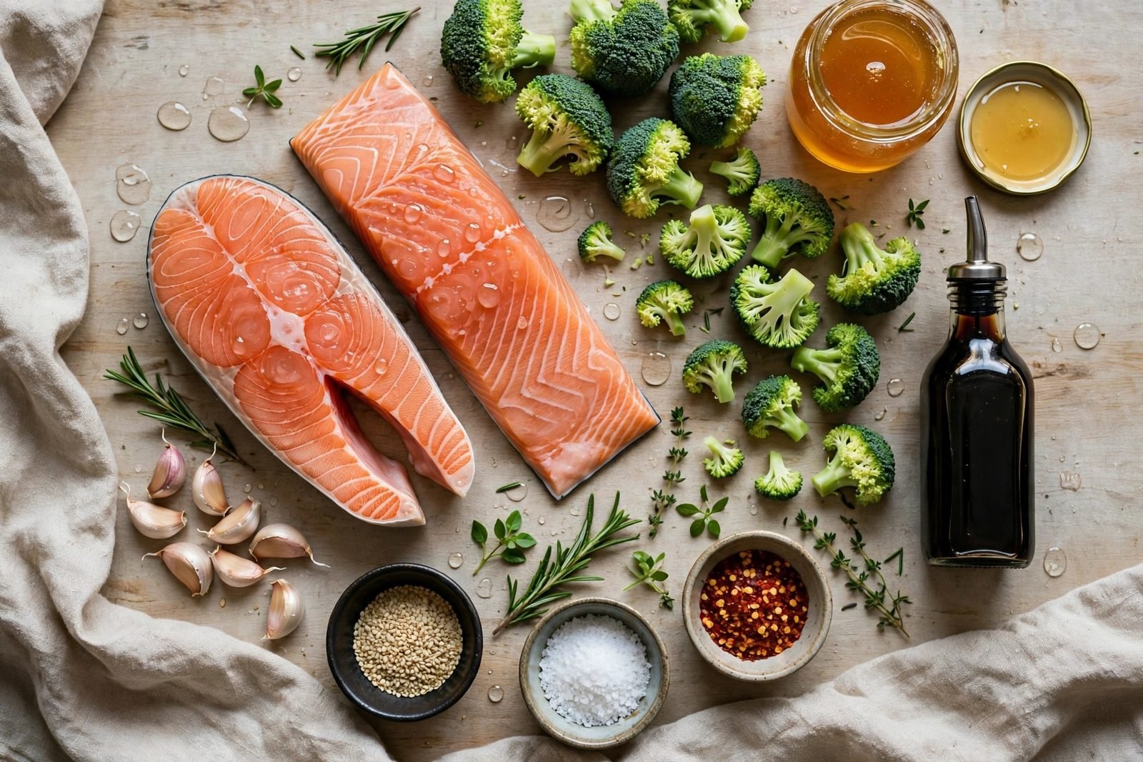Overhead layout of salmon fillets, broccoli florets, honey, soy sauce, garlic, and seasonings on a counter.