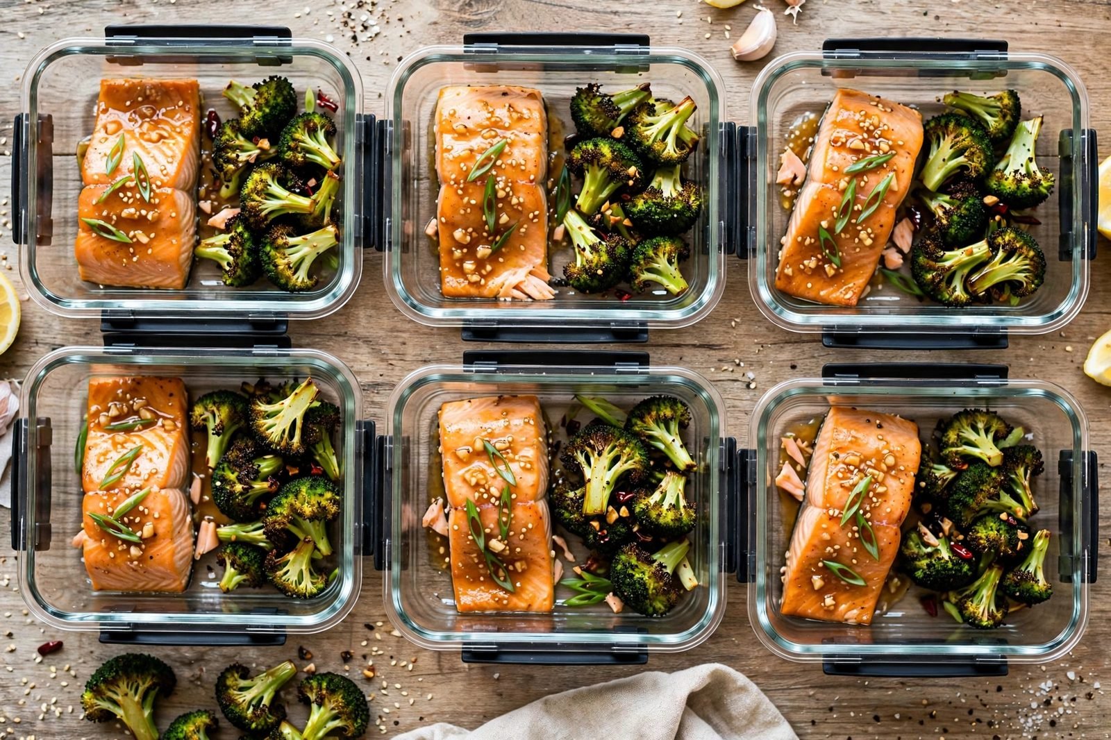 Meal-prep containers portioned with salmon fillets and roasted broccoli.