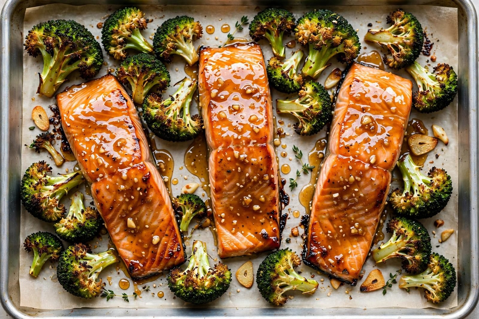 Glazed salmon fillets and roasted broccoli together on a sheet pan, glaze glistening.