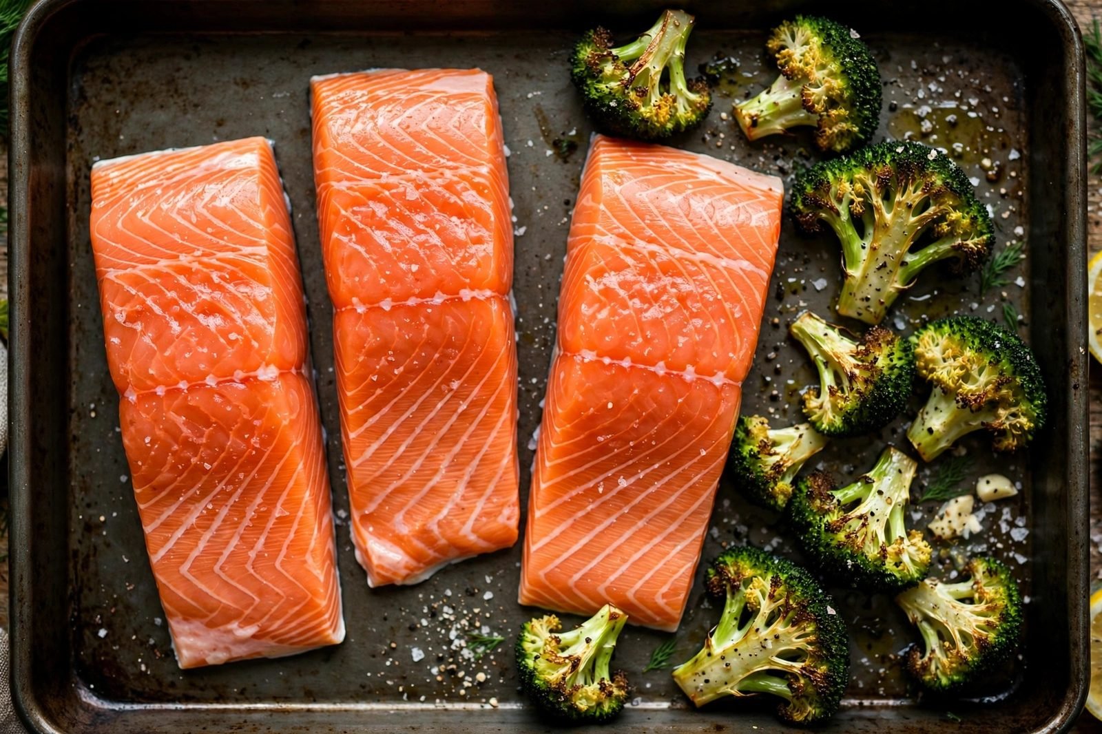 Raw salmon fillets arranged skin-side down in the center of a sheet pan beside roasted broccoli.