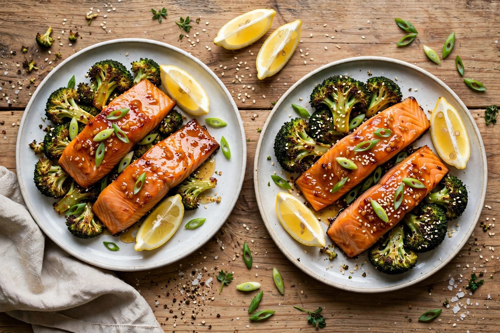 Two plates of honey garlic salmon and broccoli garnished with sesame seeds, green onions, and lemon wedges.