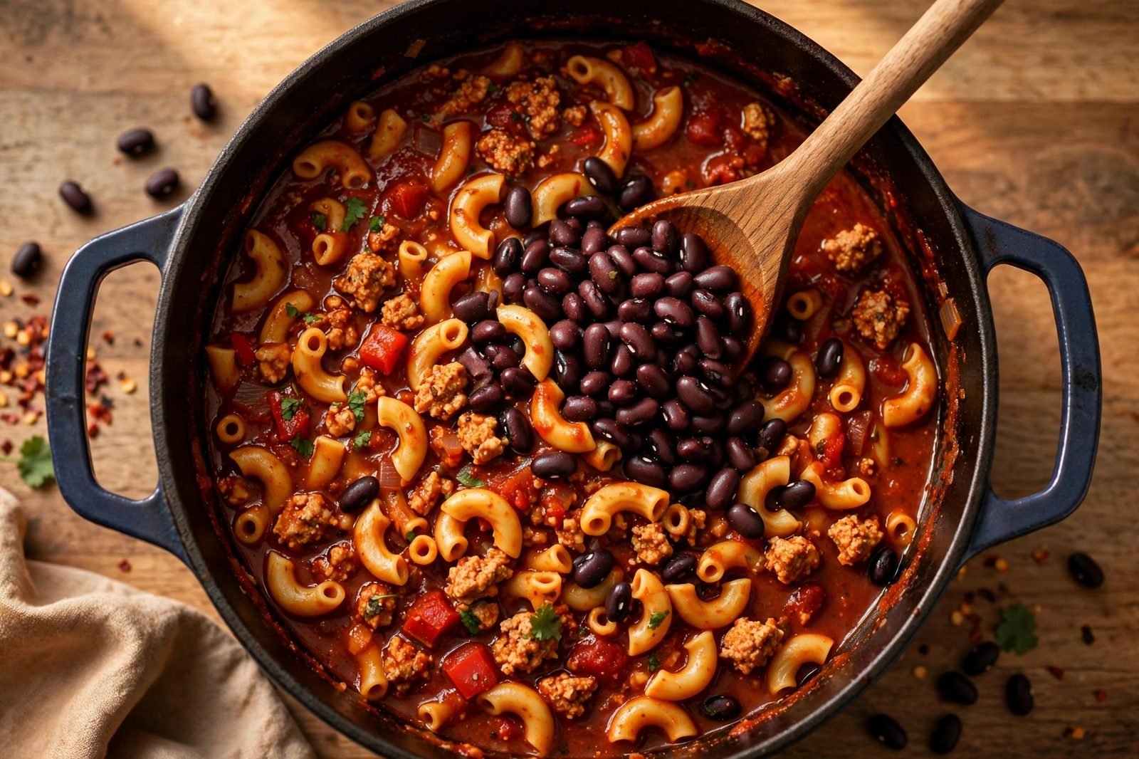 Black beans being stirred into the finished chili mac with a wooden spoon.