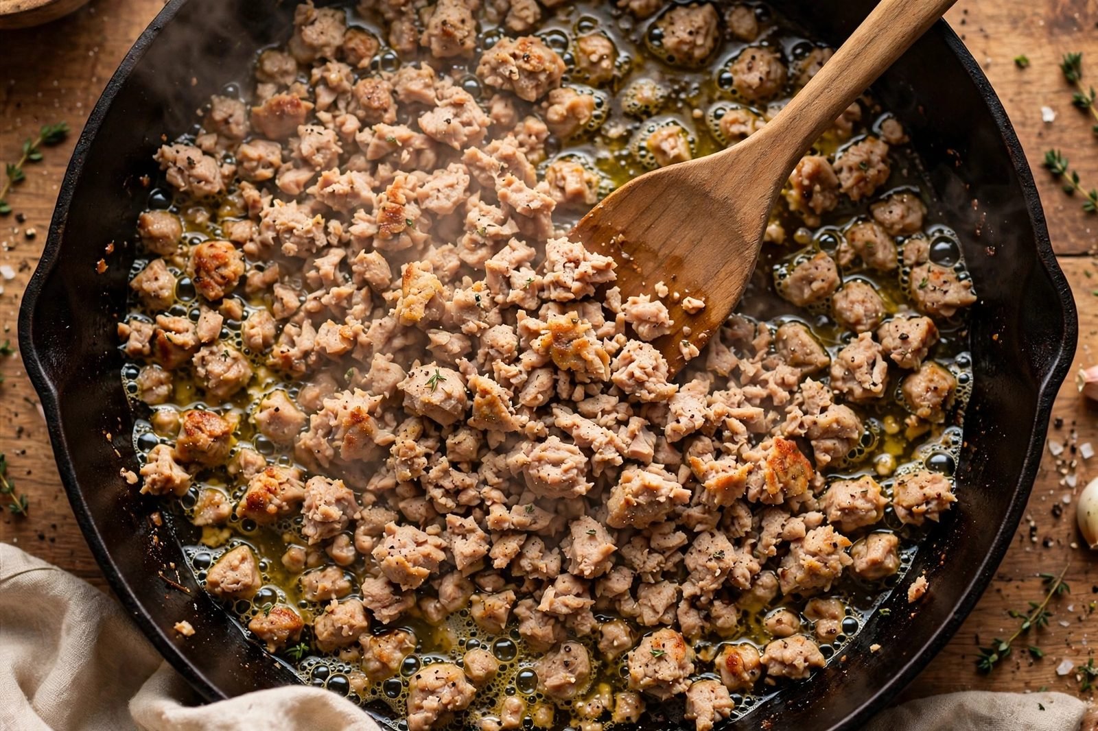 Ground turkey browning in crumbles in a large deep skillet.