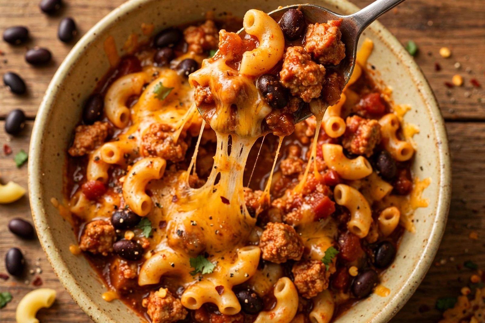 Close-up of chili mac with melted cheddar stretching in a cheese pull from a spoonful.
