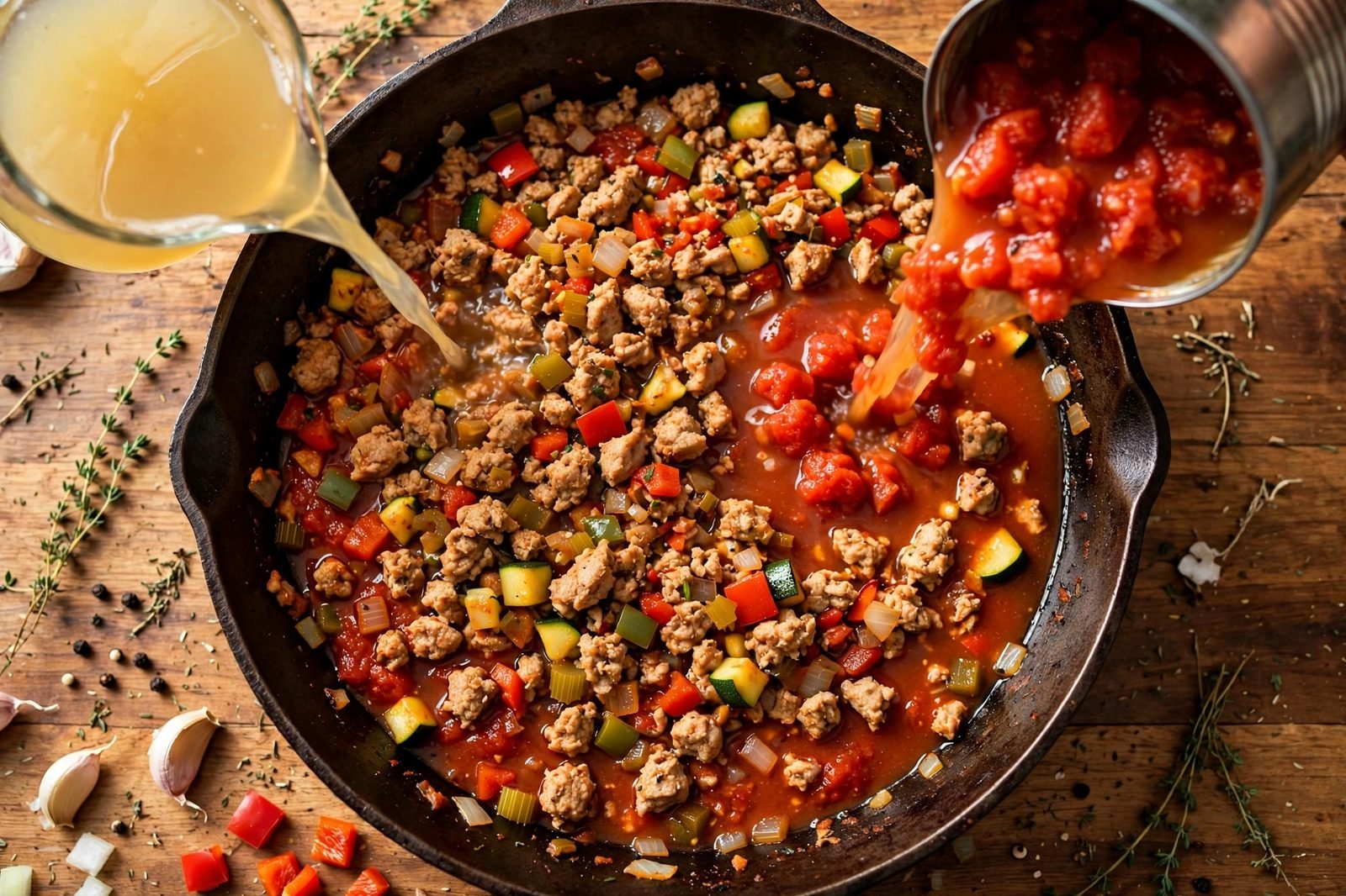 Fire-roasted tomatoes, tomato sauce, and chicken broth poured into the skillet forming the chili base.