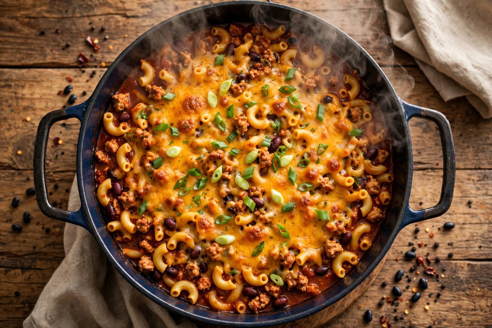 Overhead of a finished pot of turkey chili mac: elbow macaroni in smoky chili with ground turkey crumbles, black beans, melted cheddar, and sliced green onions.