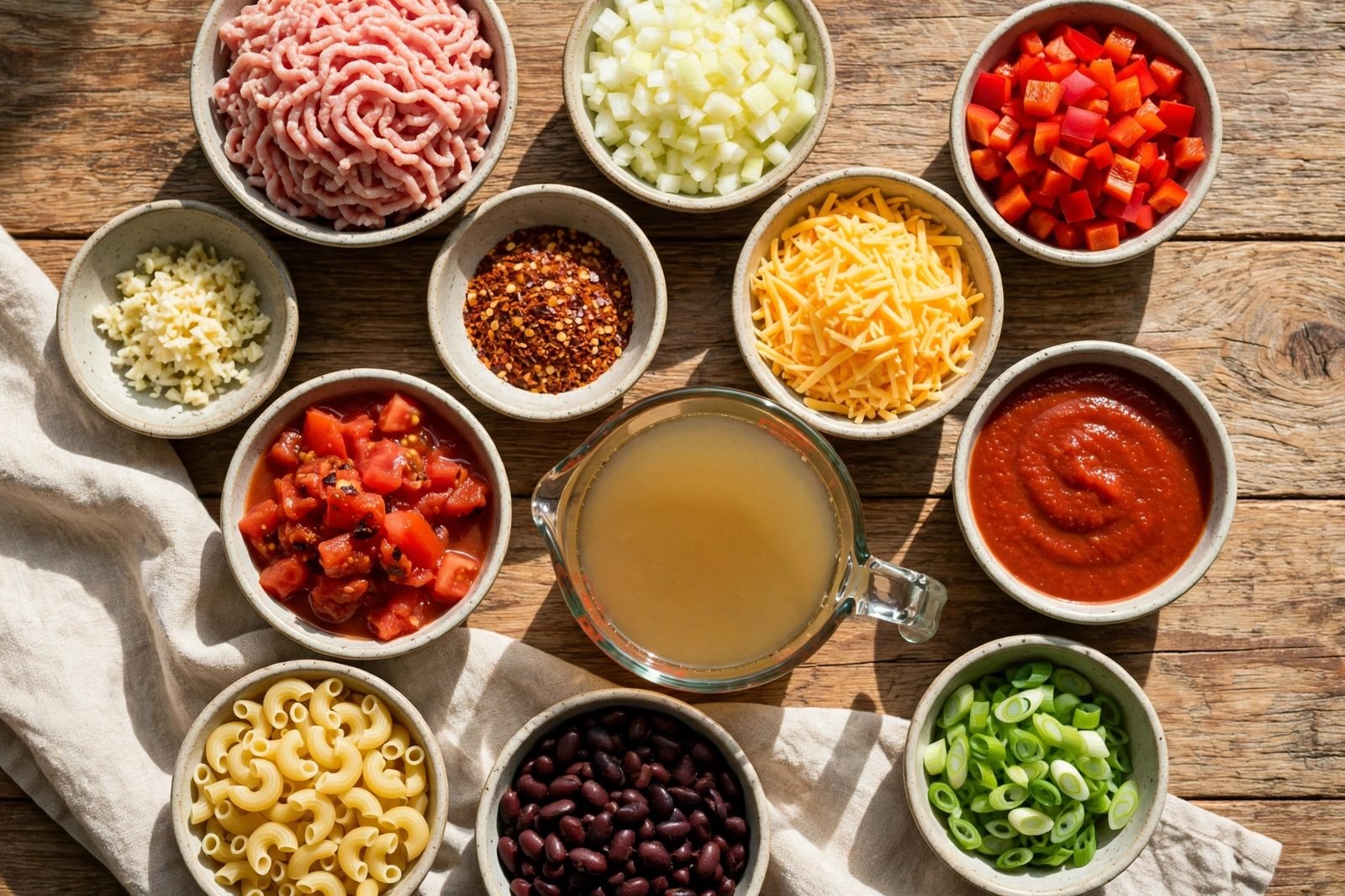 Ingredients for turkey chili mac on a counter: ground turkey, onion, bell pepper, garlic, canned tomatoes, black beans, elbow macaroni, cheddar, and spices.