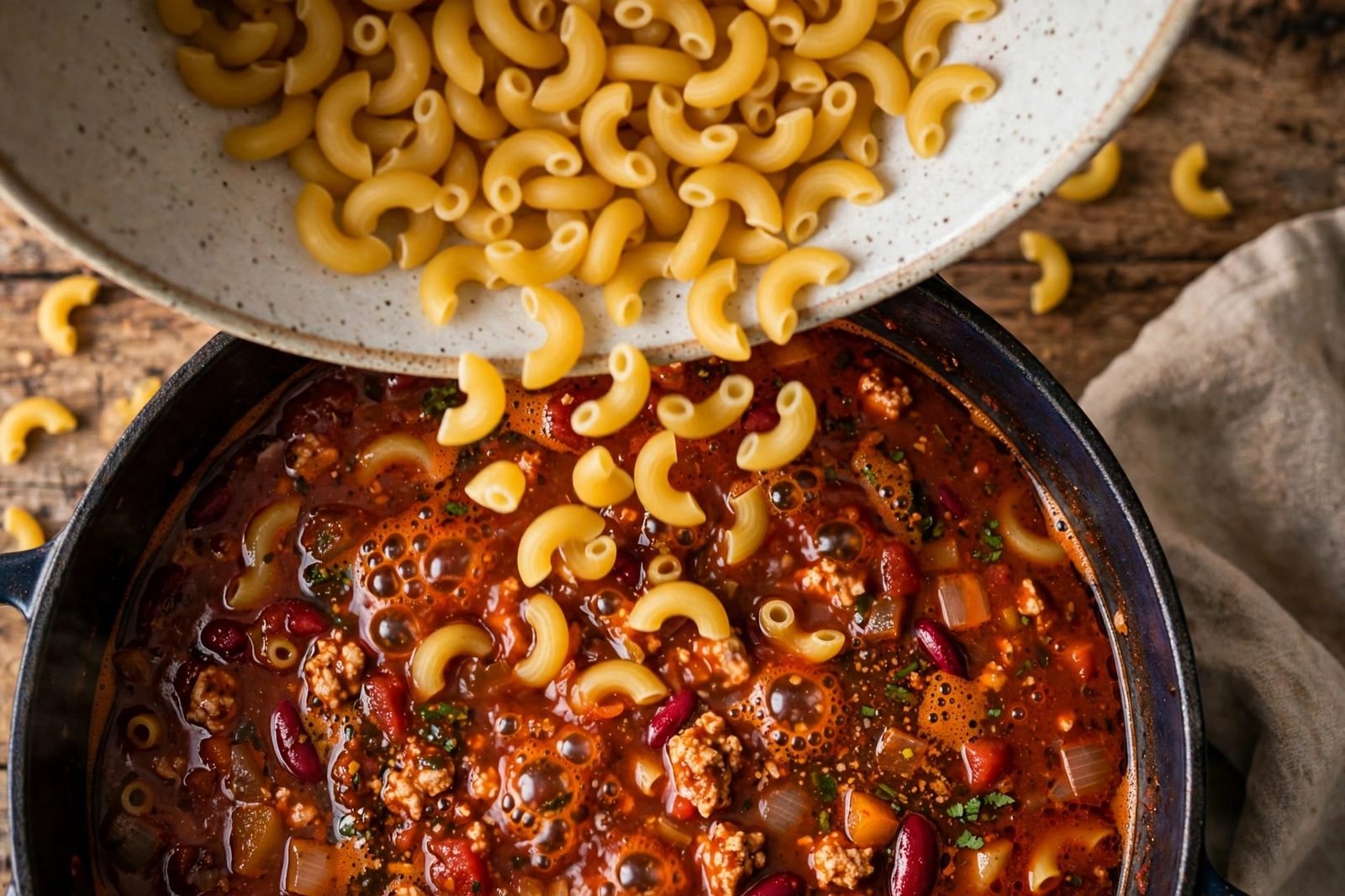 Dry elbow macaroni being stirred into the simmering chili broth in the pot.