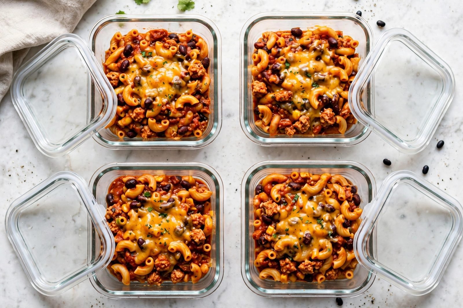 Meal-prep containers portioned with turkey chili mac.