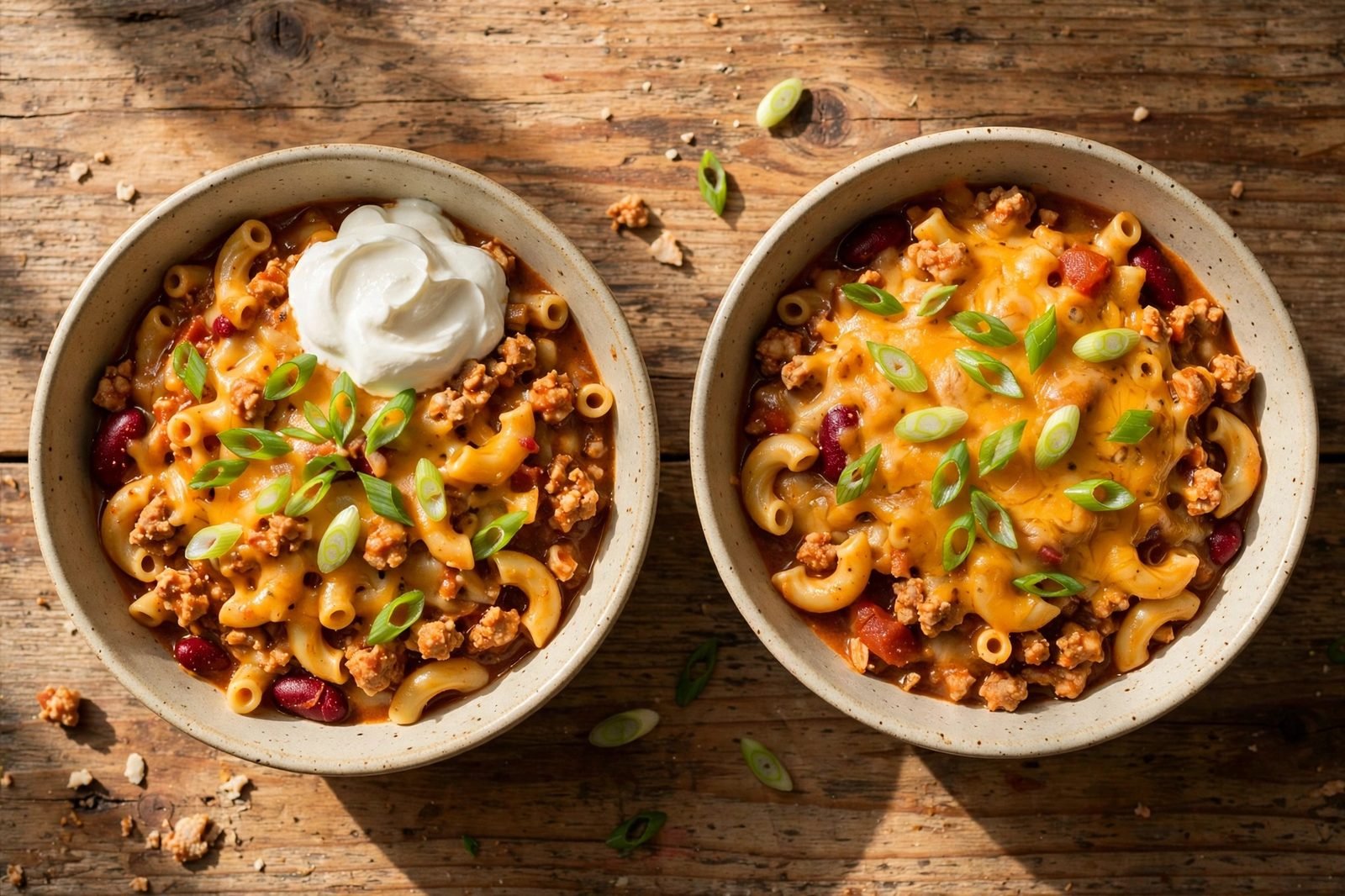Served bowls of turkey chili mac topped with melted cheddar and sliced green onions.