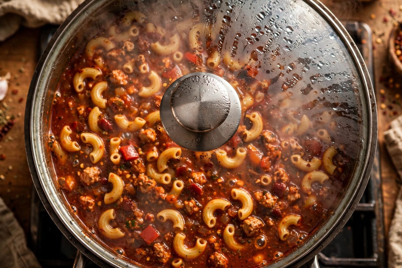Chili mac simmering covered in a Dutch oven, steam escaping from under the lid.