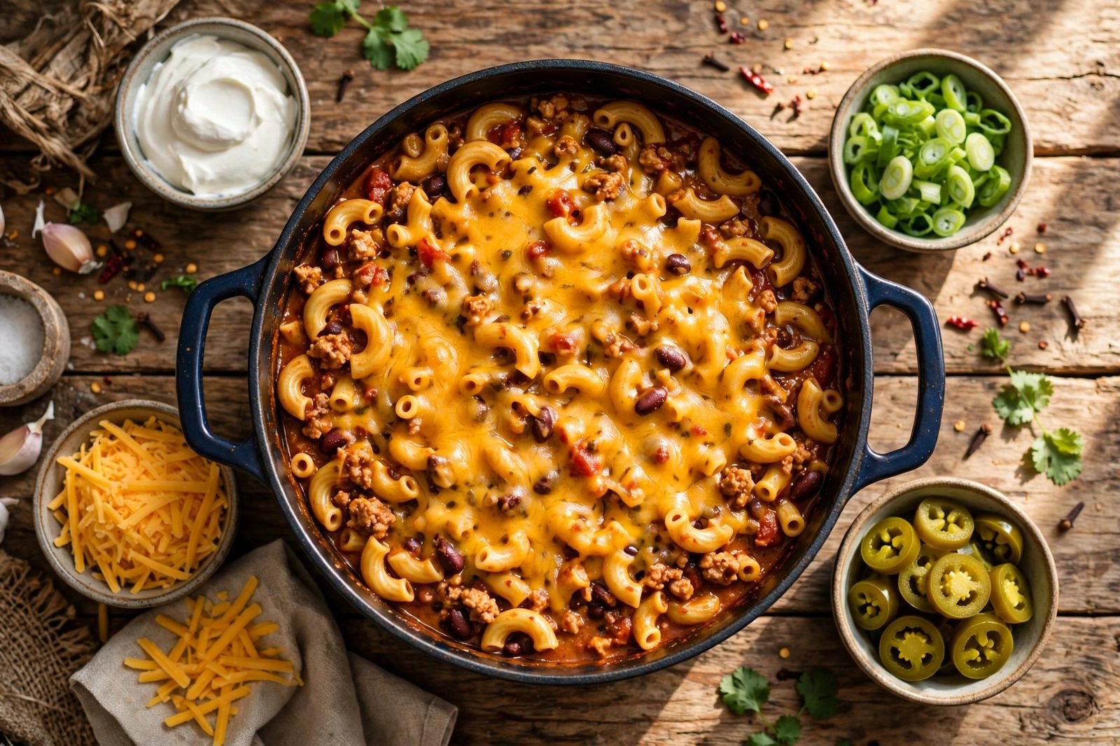 Overhead of the finished chili mac pot surrounded by bowls of toppings: sour cream, pickled jalapeños, and green onions.