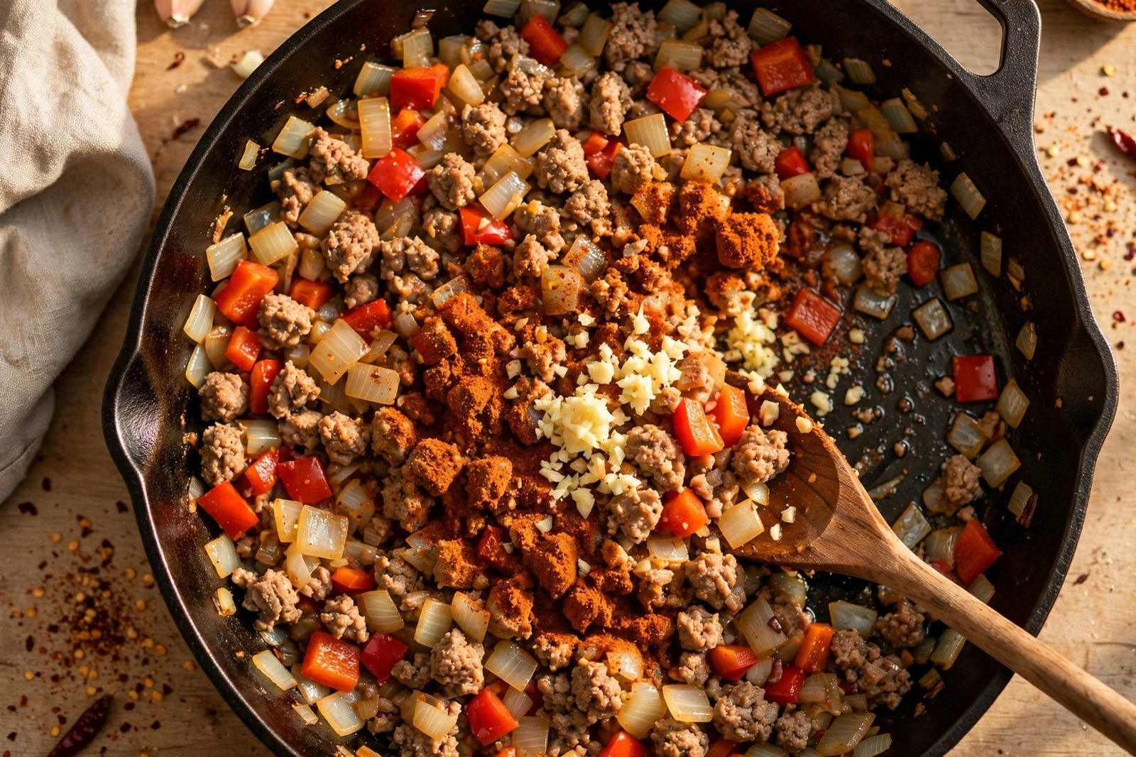 Diced onion and bell pepper with minced garlic and chili spices being stirred into the browned turkey.