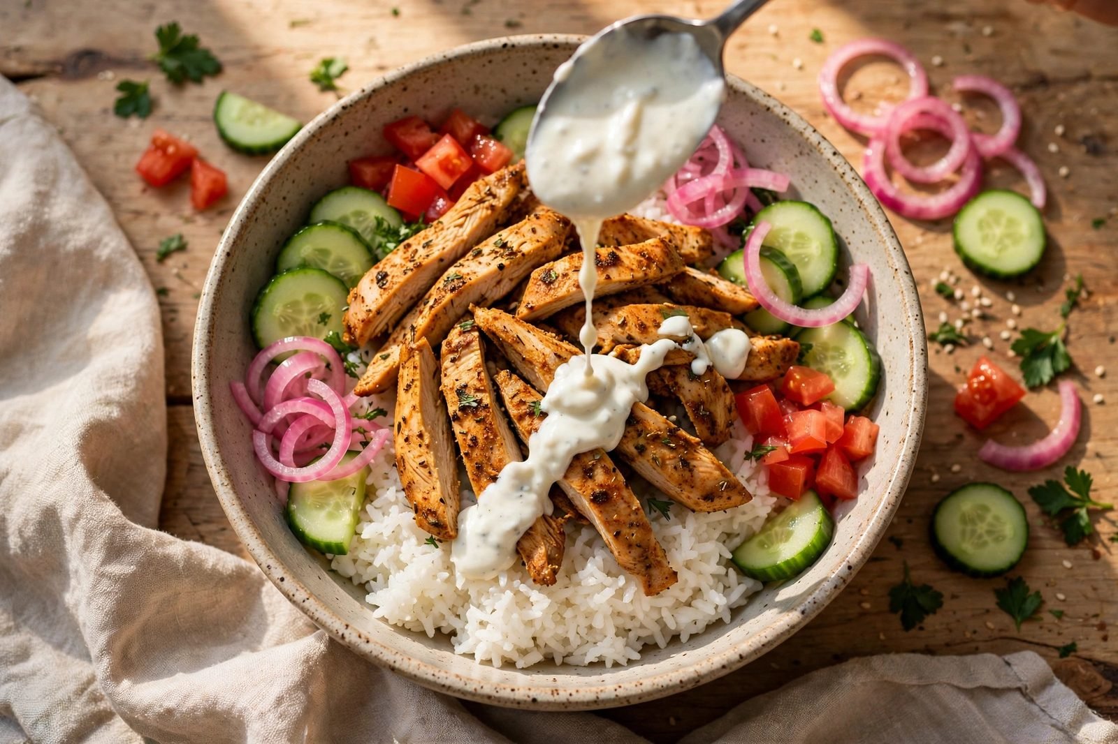 A bowl being assembled: rice topped with shawarma chicken, vegetables, pickled onion, and yogurt sauce being drizzled.