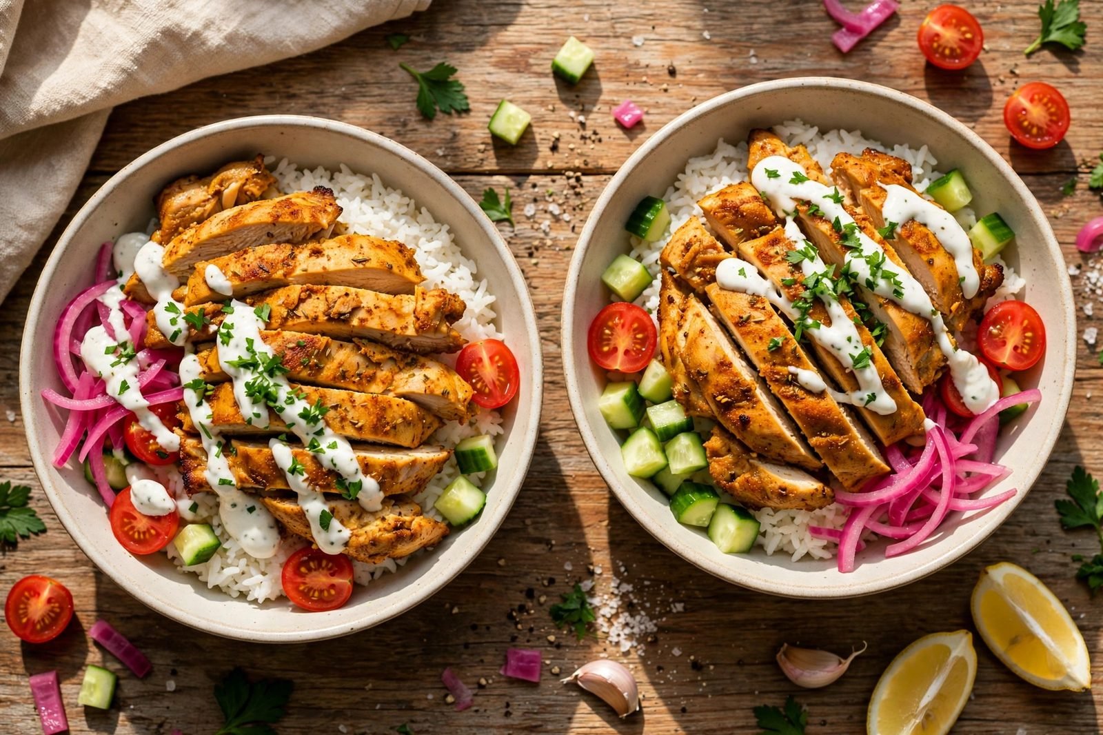 Overhead of two finished chicken shawarma bowls: spiced sliced chicken over rice with cucumber, tomato, pickled red onion, garlic yogurt drizzle, and parsley.