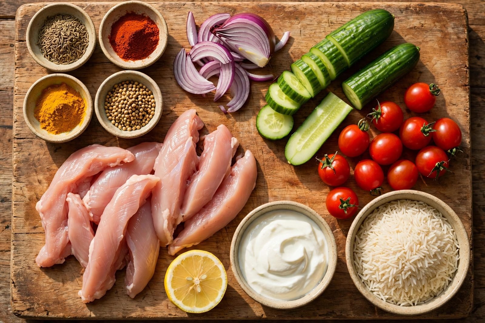 Ingredients for chicken shawarma bowls: chicken strips, shawarma spices in small dishes, red onion, cucumber, cherry tomatoes, Greek yogurt, lemon, and rice on a board.