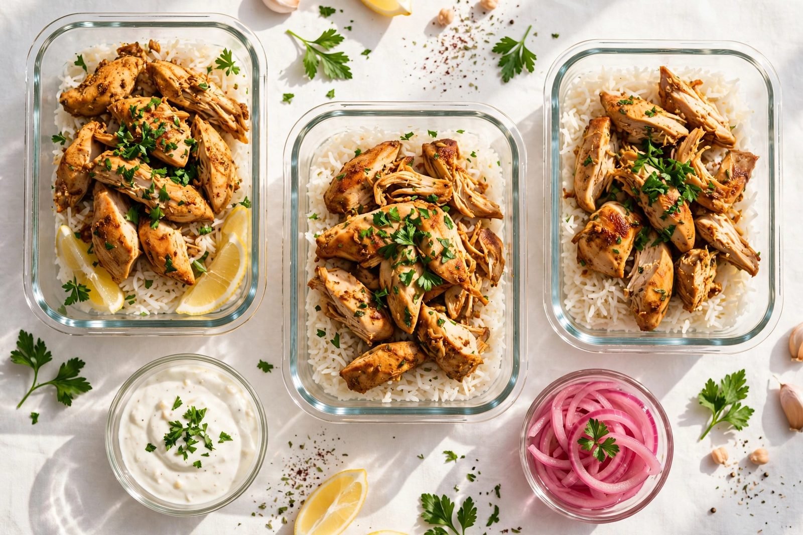 Meal-prep containers with shawarma chicken and rice, sauce packed in small separate cups.