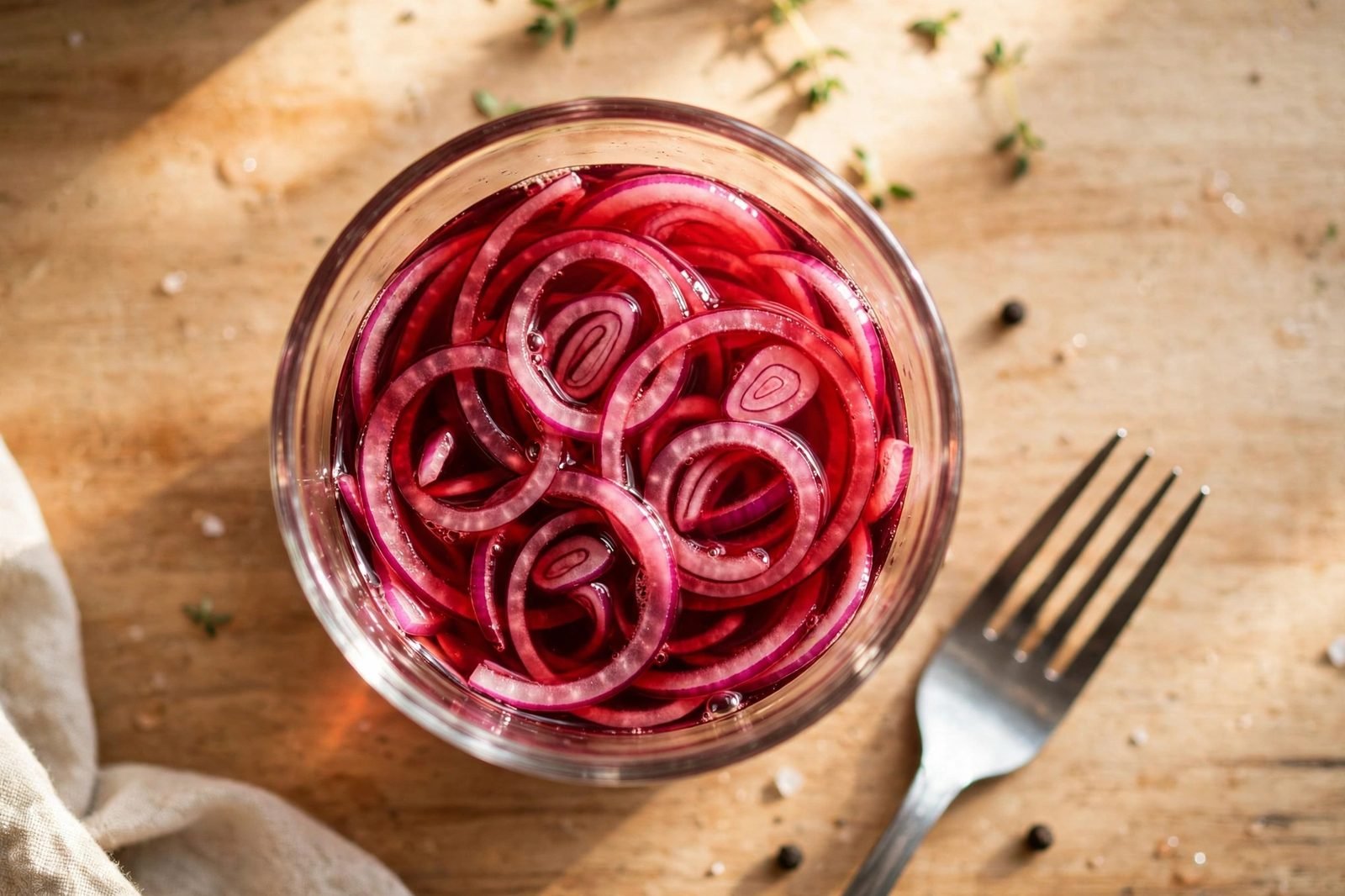 Thinly sliced red onion in red wine vinegar in a small bowl, turning pink.