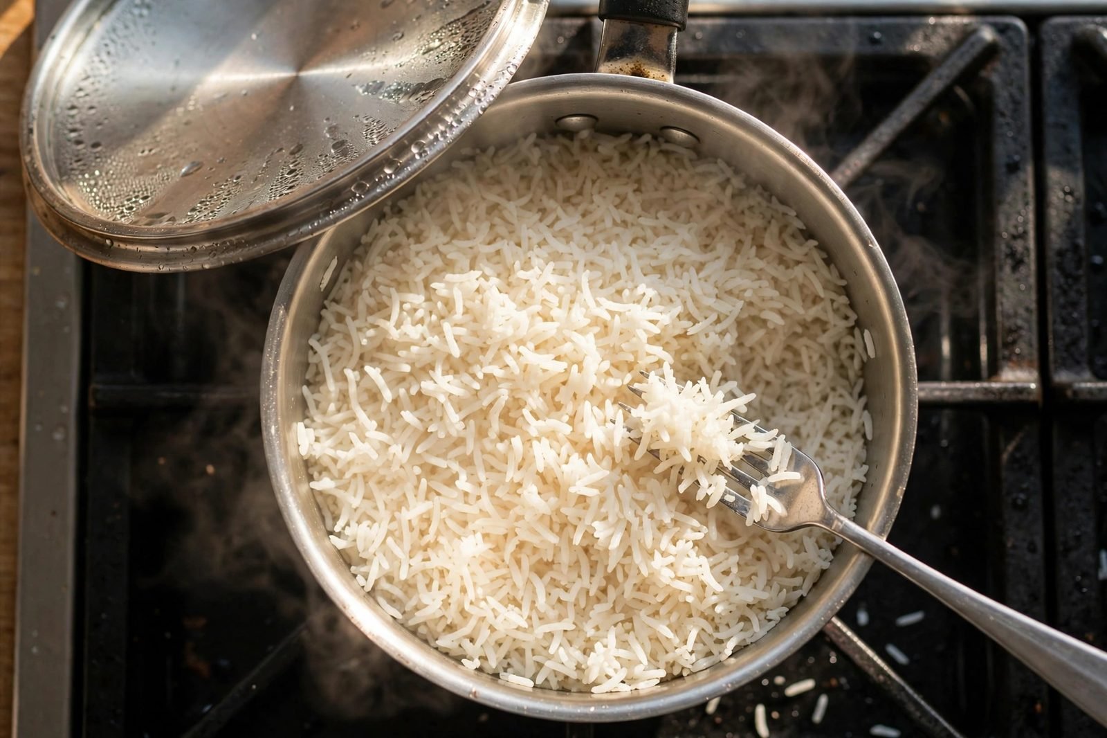 Fluffy basmati rice in a saucepan with steam rising.