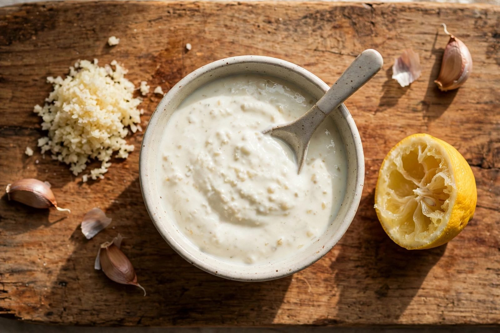 Creamy garlic yogurt sauce in a small bowl with grated garlic and lemon beside it.